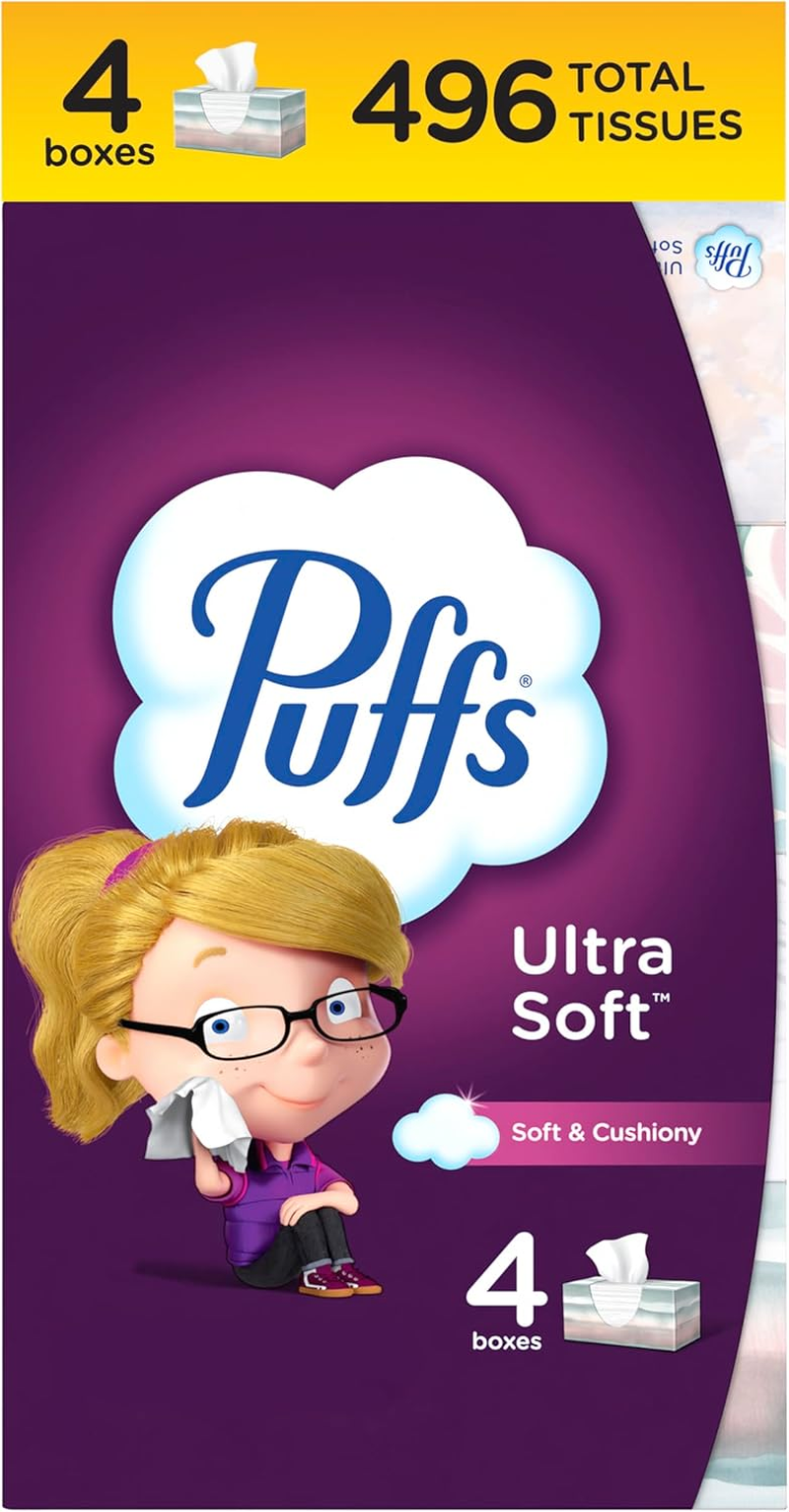 Puffs Ultra Soft Facial Tissues, 4 Family Size Boxes, 124 Facial Tissues per Box
