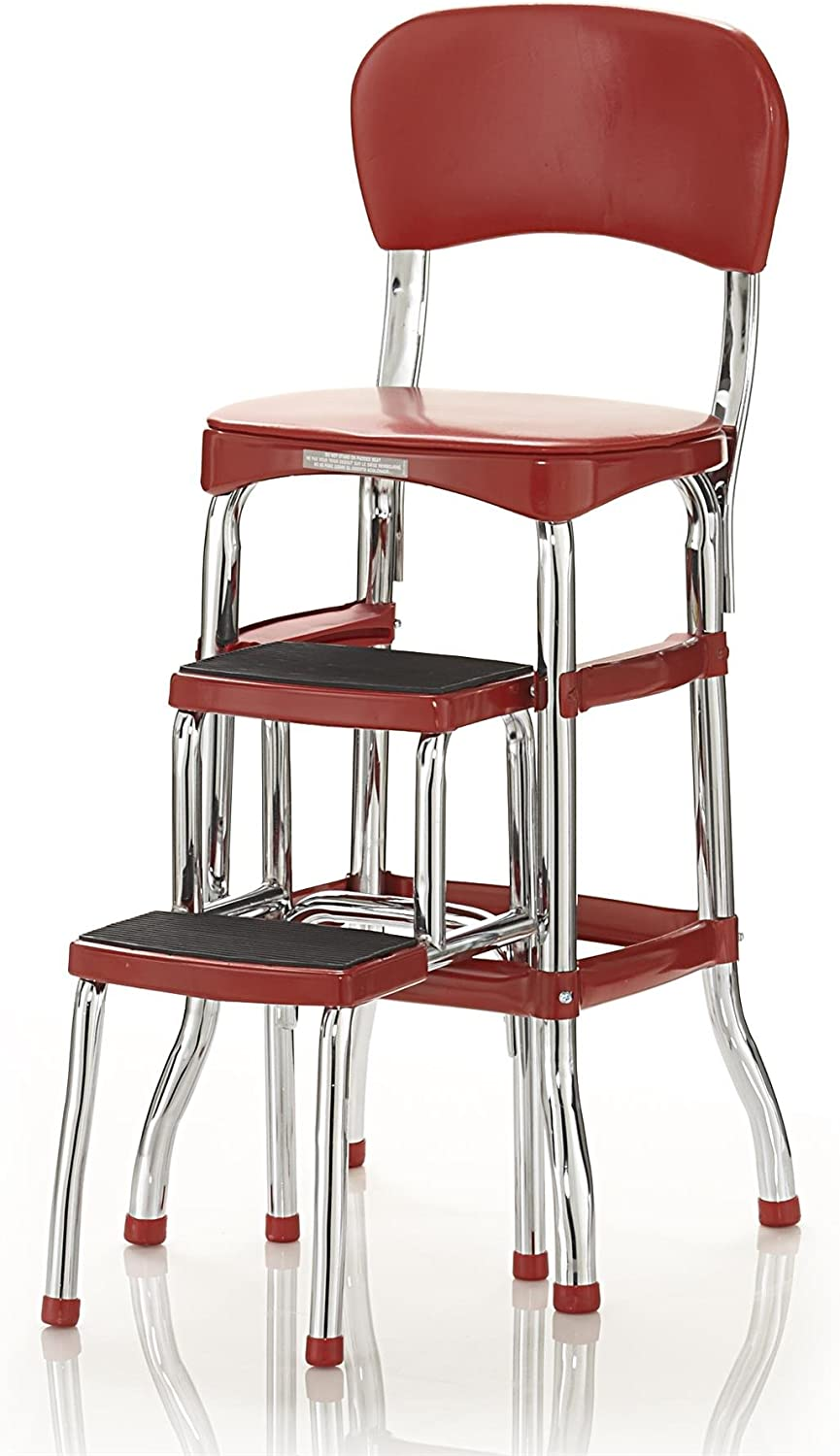 COSCO Stylaire Retro Chair + 2-Step Step Stool with Pull-Out Steps, 7 Ft. 11In Max Reach, 200 Lb Weight Capacity, Steel and Vinyl (Red, One Pack)