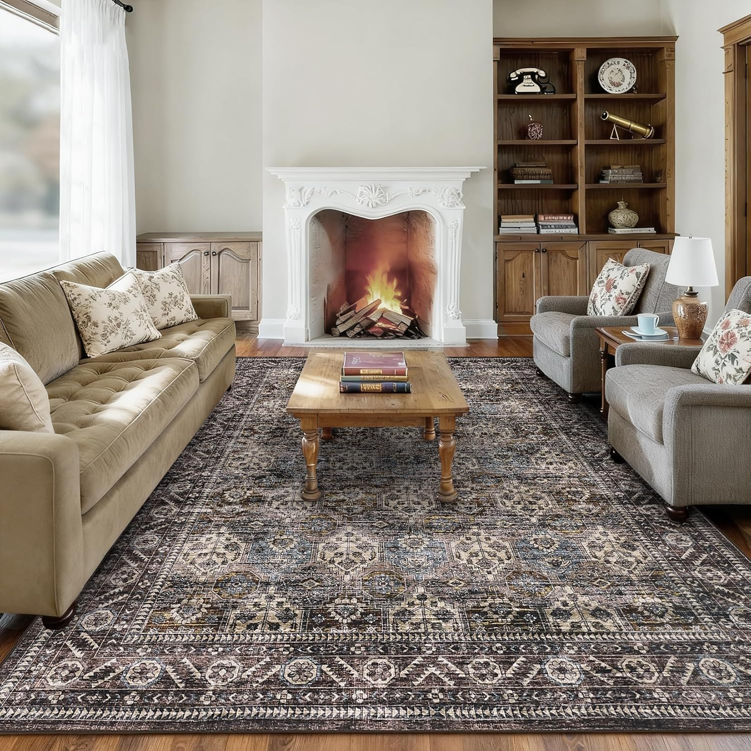 Vintage Floral Living Room Rugs, 8X10 Washable Ultra Thin Non Slip Bedroom Rug Soft Retro Accent Large under Table Carpet for Dining Room Office Stain Resistant Nursery Rugs, Red Brown