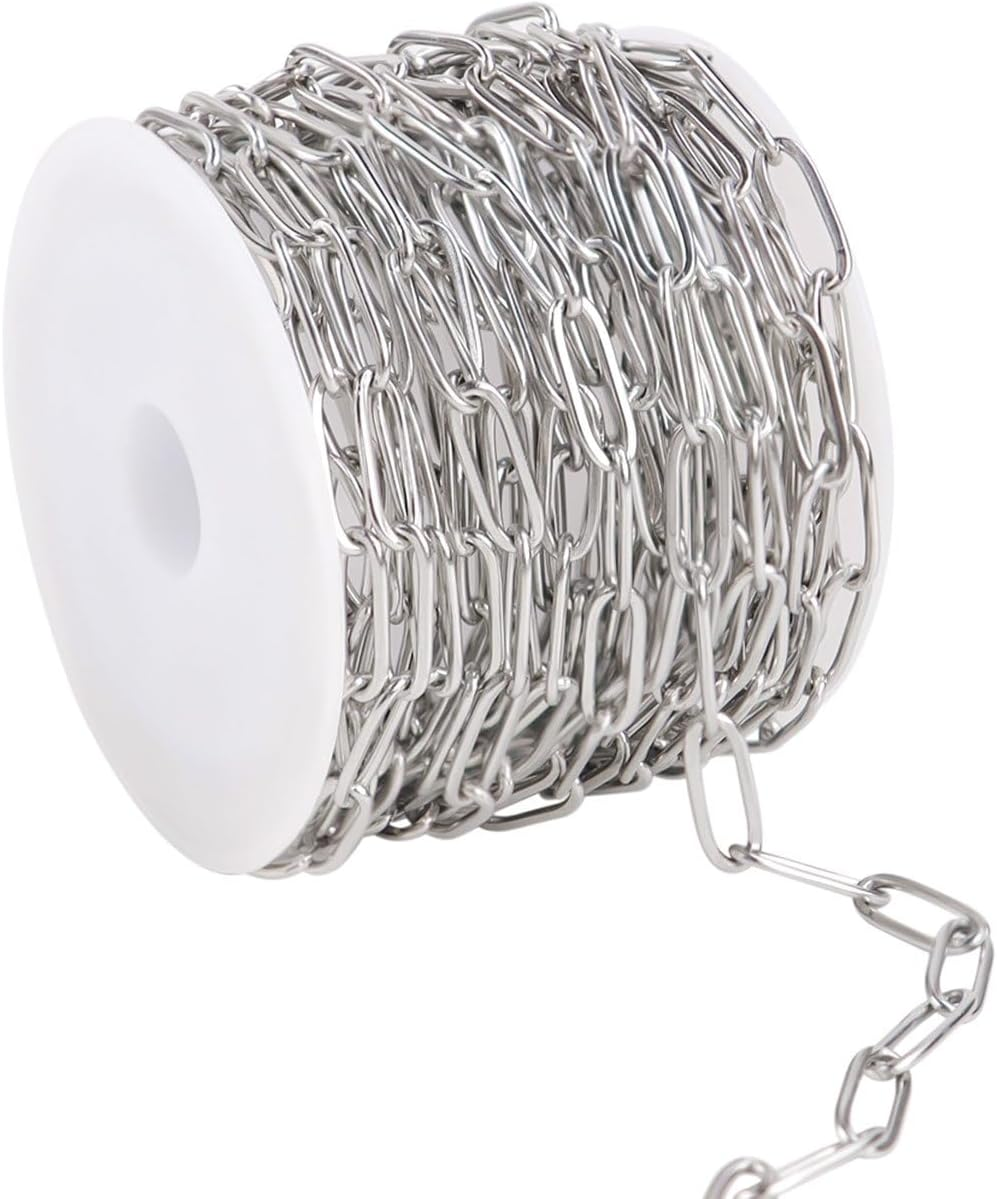 Paperclip Chain for Jewelry Making Stainless Steel Paperclip Chains Roll for Necklace Bracelet Craft DIY 16.4 Feet Oval Link Chains Spool Bulk Jewelry Supplies Paper Clip Cable Chain (Silver)