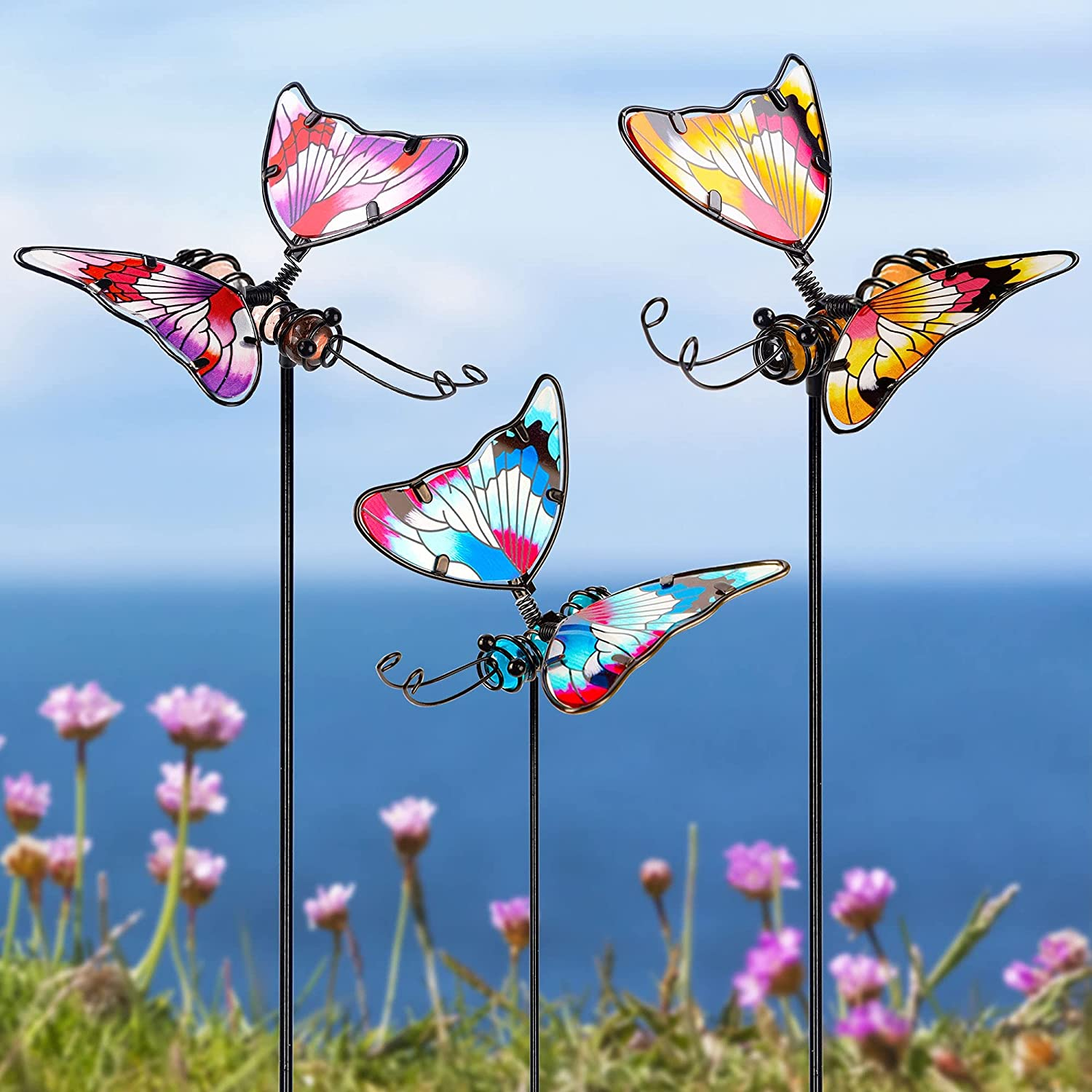 Set of 3 Butterfly Garden Stake Decor, 20 Inch Colorful Butterflies Stakes, Glass & Metal Yard Art Ornaments for Mom, Mothers Day Ideal Gifts, Outdoor Lawn Pathway Patio Plant Pot, Flower Bed