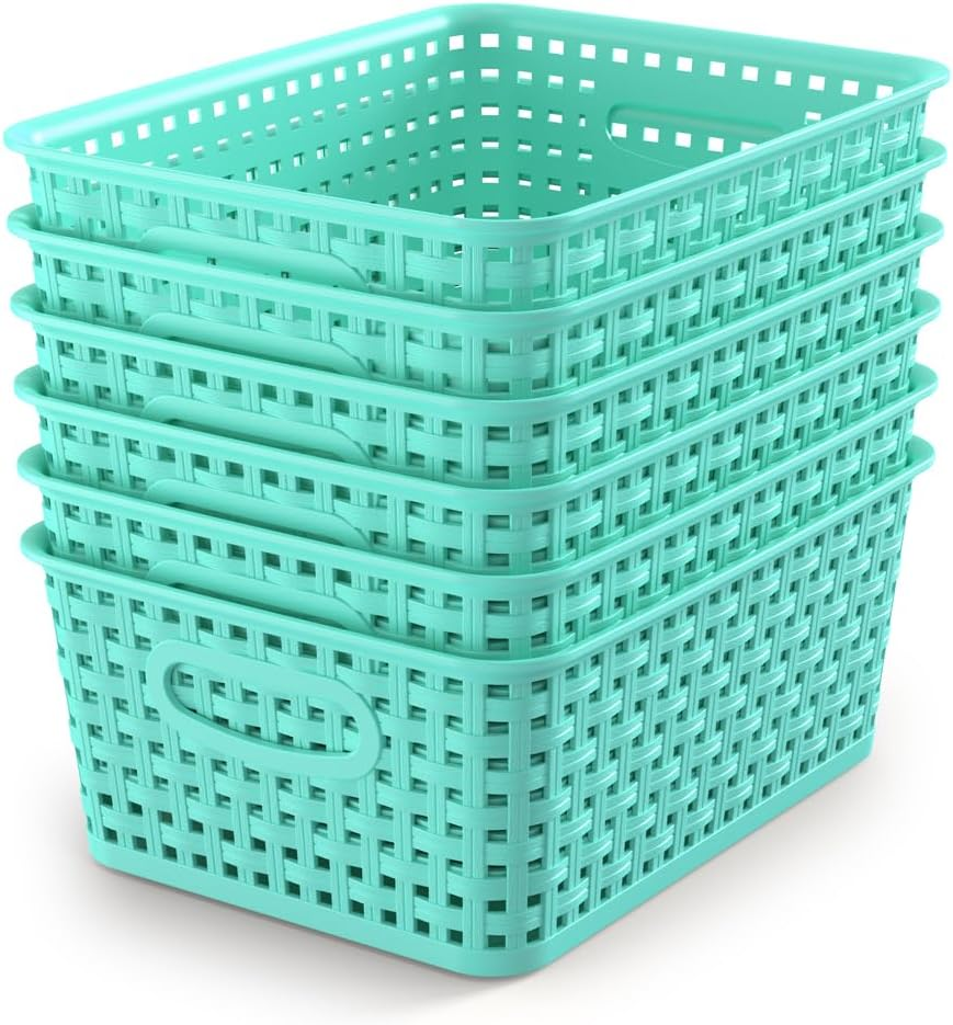 6-Pack Plastic Small Shelf Storage Weave Baskets Organizing for Cabinets and Pantries, Sky Blue
