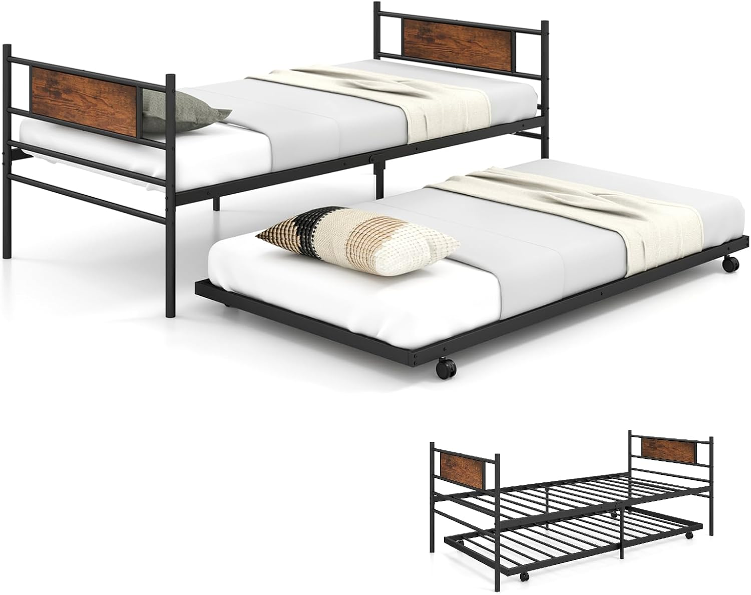 3FT Metal Day Bed with Trundle, Industrial Single Bed Frame with Headboard, Steel Slat Support Space-Saving Guest Sofa Beds Base Platform Mattress Foundation