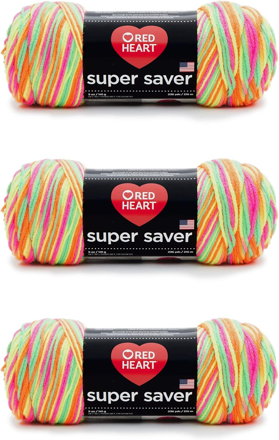 Red Heart Super Saver Yarn, 3 Pack, Day Glow 3 Count