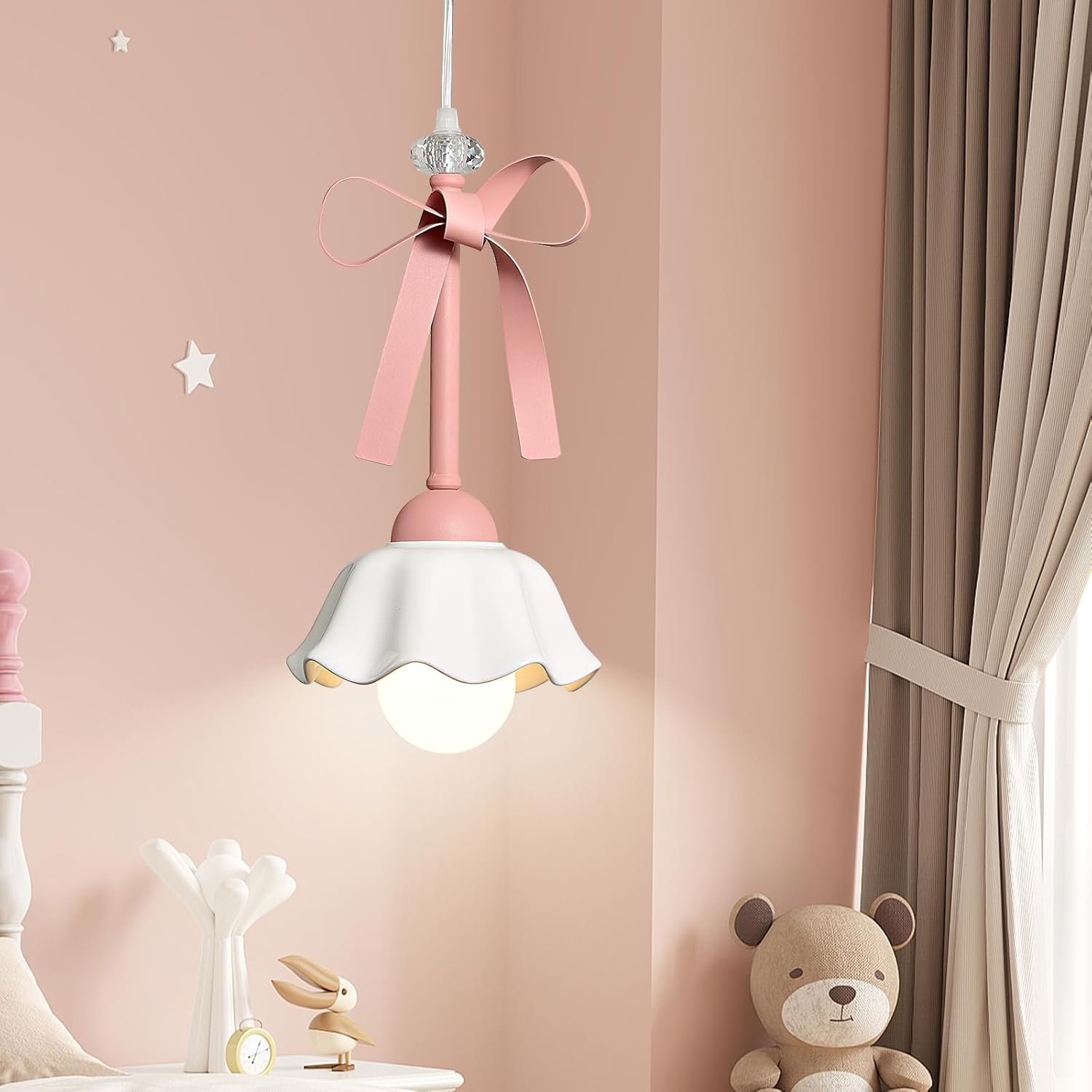 Pink Bow Pendant Light with Crystal Accents for Girls' Bedroom