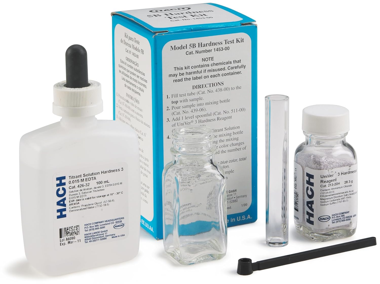 Total Hardness Test Kit, Model 5-B, Water Analysis Kit for Drop Count Titration, with 2 Reagents, Measuring Tube, Square Bottle & Measuring Scoop, 145300