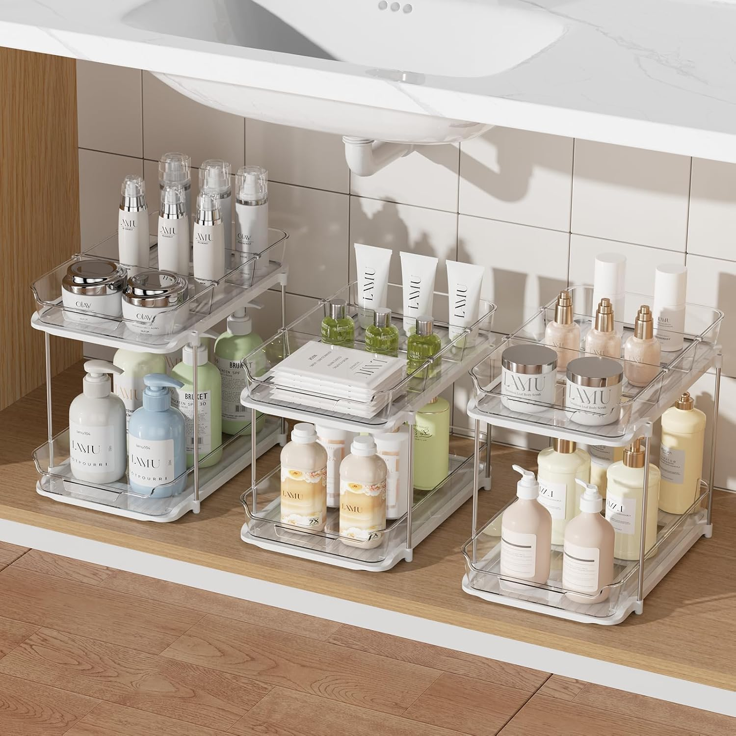 3 Pack 2-Tier Bathroom under Sink Organizers and Storage, Multi-Purpose Stackable Pantry Organization and Storage, Pull Out Clear Kitchen Bathroom Cabinet Organizer with Movable Dividers, White