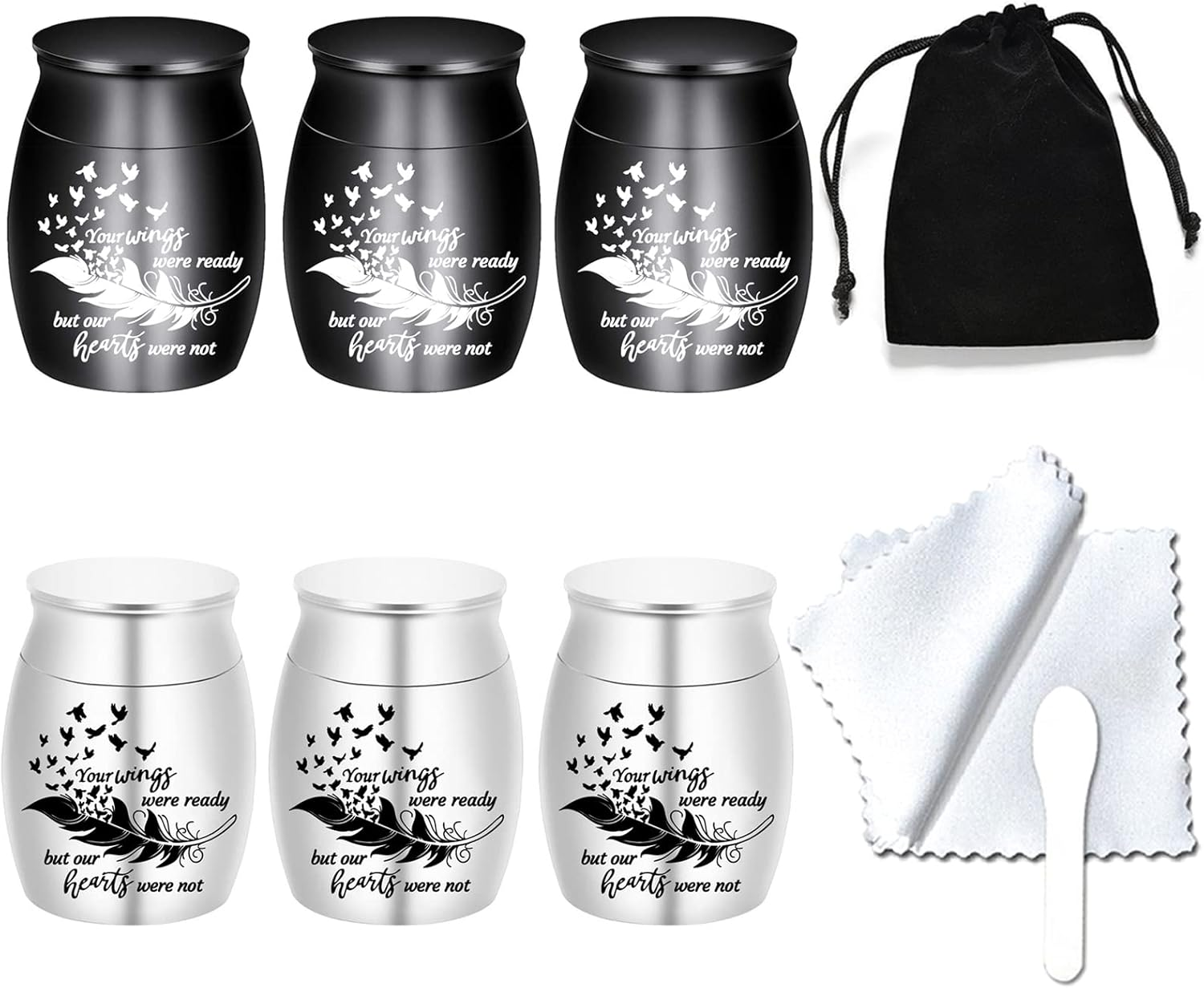 Small Keepsake Urns for Human Ashes - Set of 6 - Share Urn with Family & Friends Mini Cremation Urns with Feather Seagull Pattern Stainless Steel Memorial Ashes Holder (6Pcs Urn)