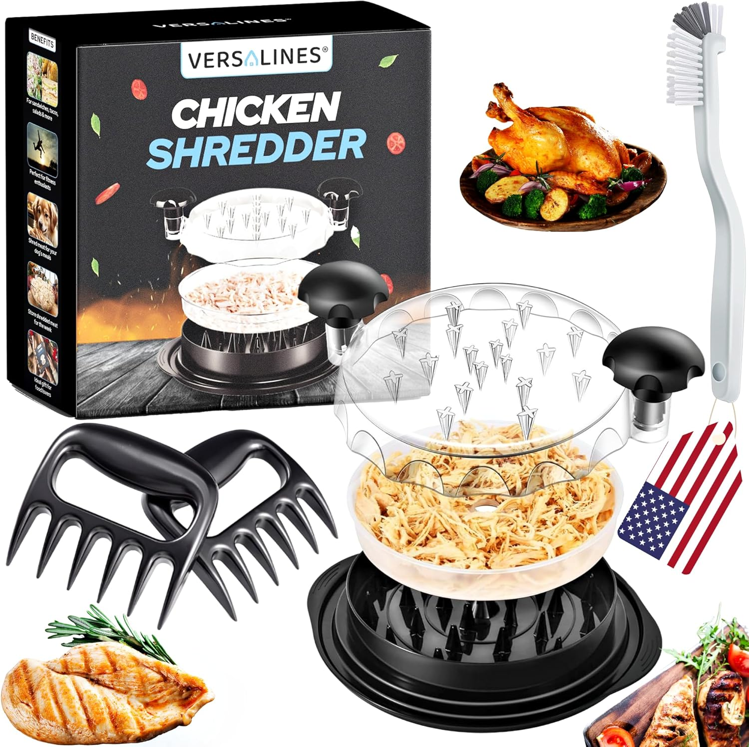American Brand 3 Layer Pro Chicken Shredder with Removable Tray, Meat Claws, Brush - 10'' Chicken Breast Shredder Tool Twist, Meat Grinder Machine, Meat Shredder, Anti-Slip - for Chicken Beef Pork Veg