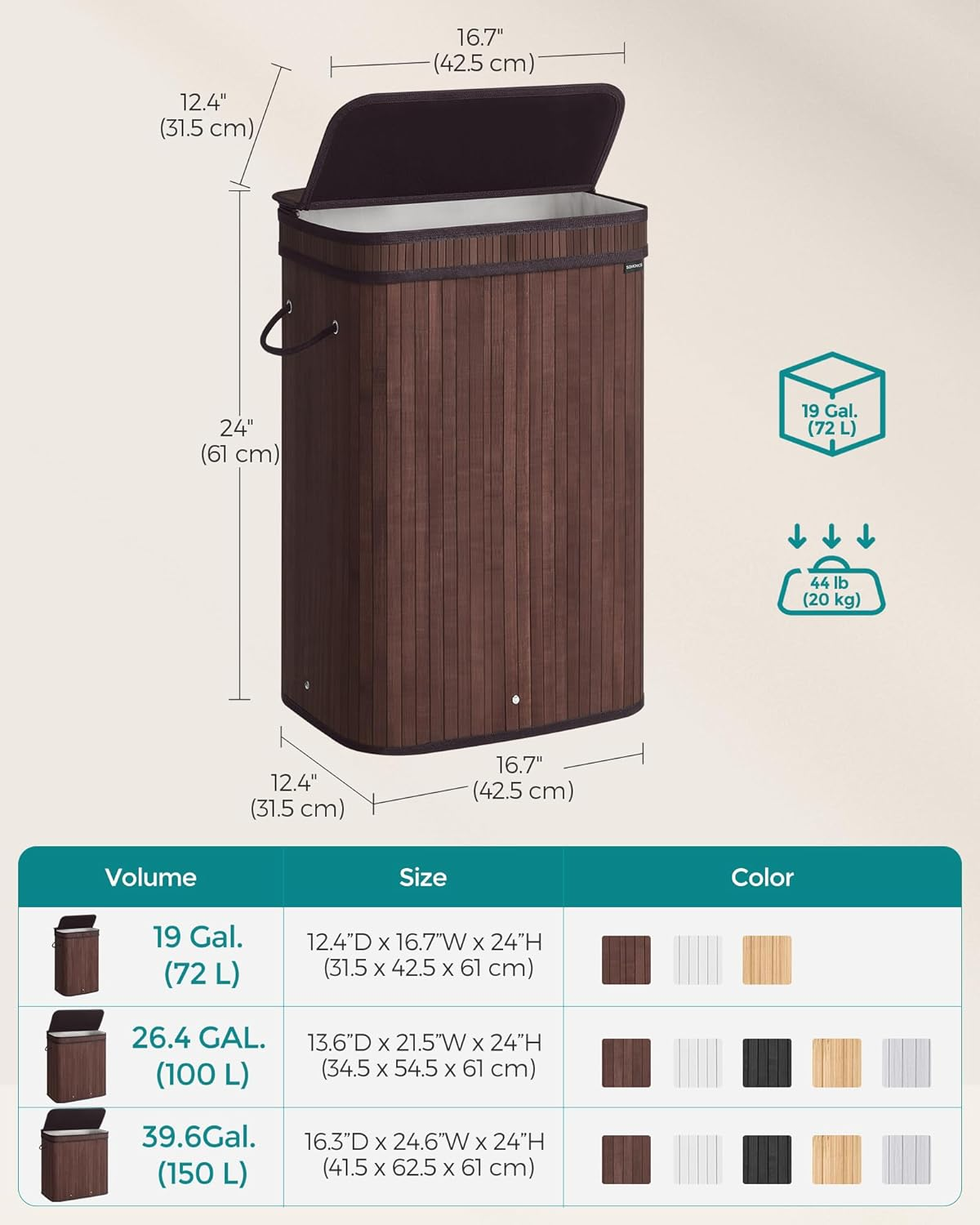 SONGMICS Laundry Hamper with Lid, Bamboo Laundry Basket, Removable Machine Wa... - Picture 6 of 13