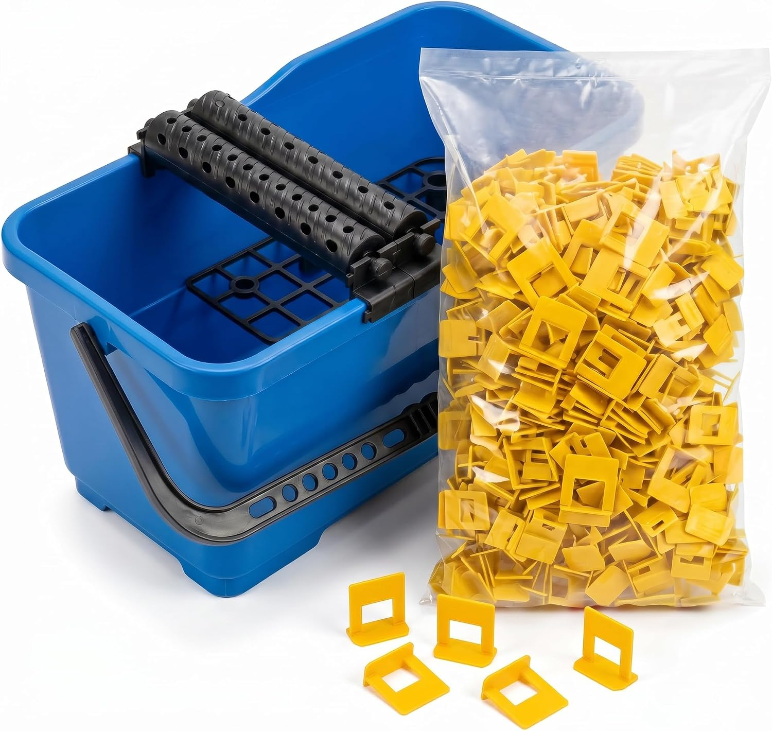 Washboy Tiling Bucket 22L with Twin Roller Wringer, 8-Leg Grid and 440 Tile Levelling Clips, 2mm, for DIY and Pro Use