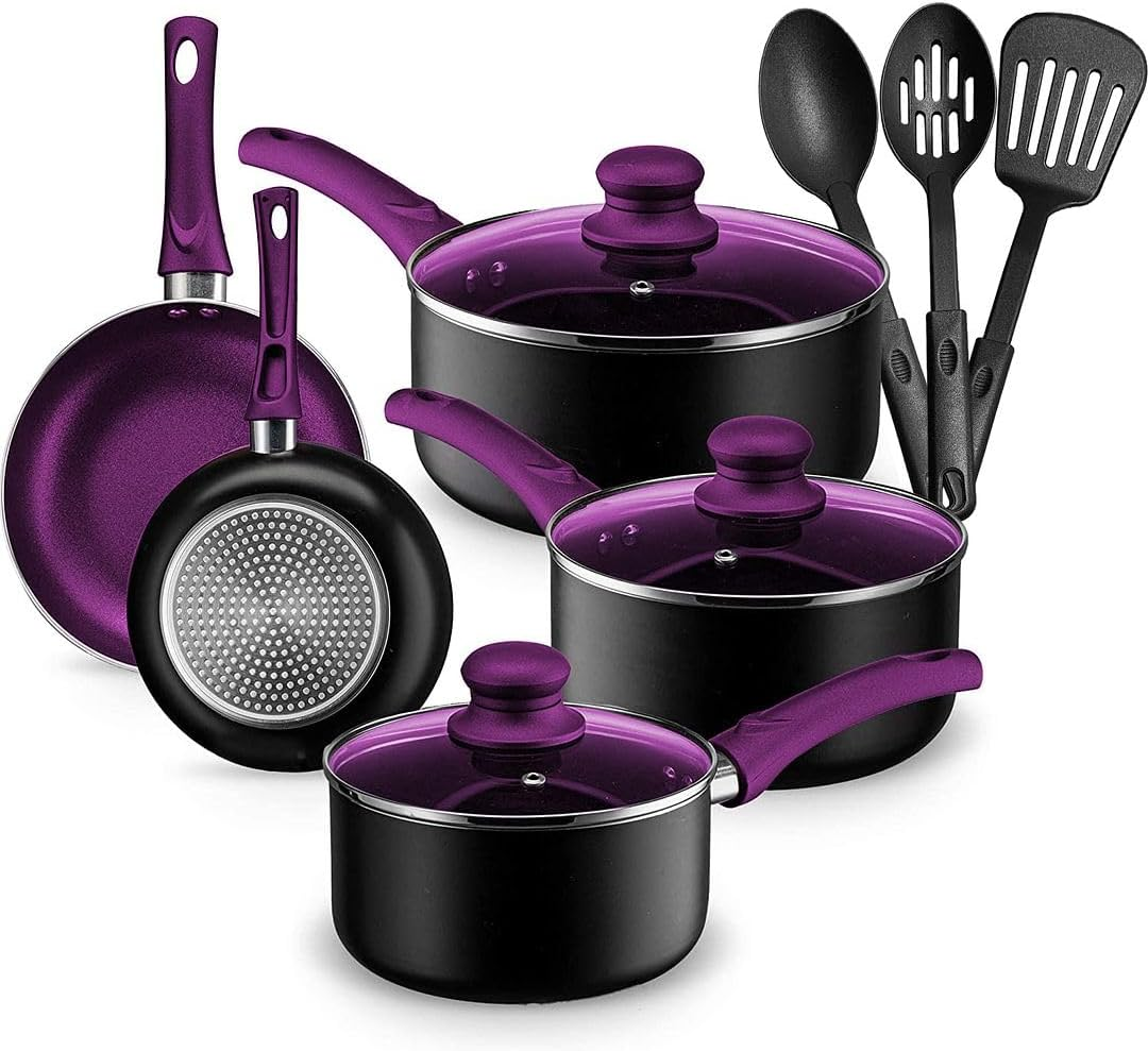 Pots and Pans Set Kitchen Cookware Sets Nonstick Aluminum Cooking Essentials 11 Pieces Purple