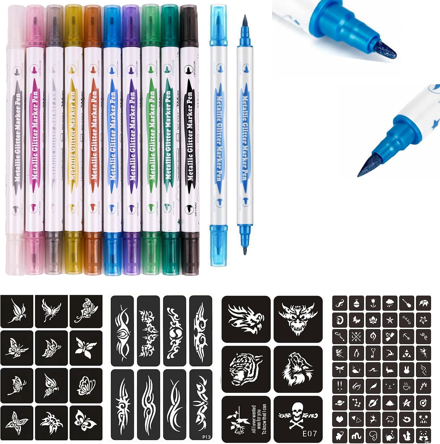 Temporary Tattoo Markers for Skin,10-Count Body Markers+80 Large Tattoo Stencils