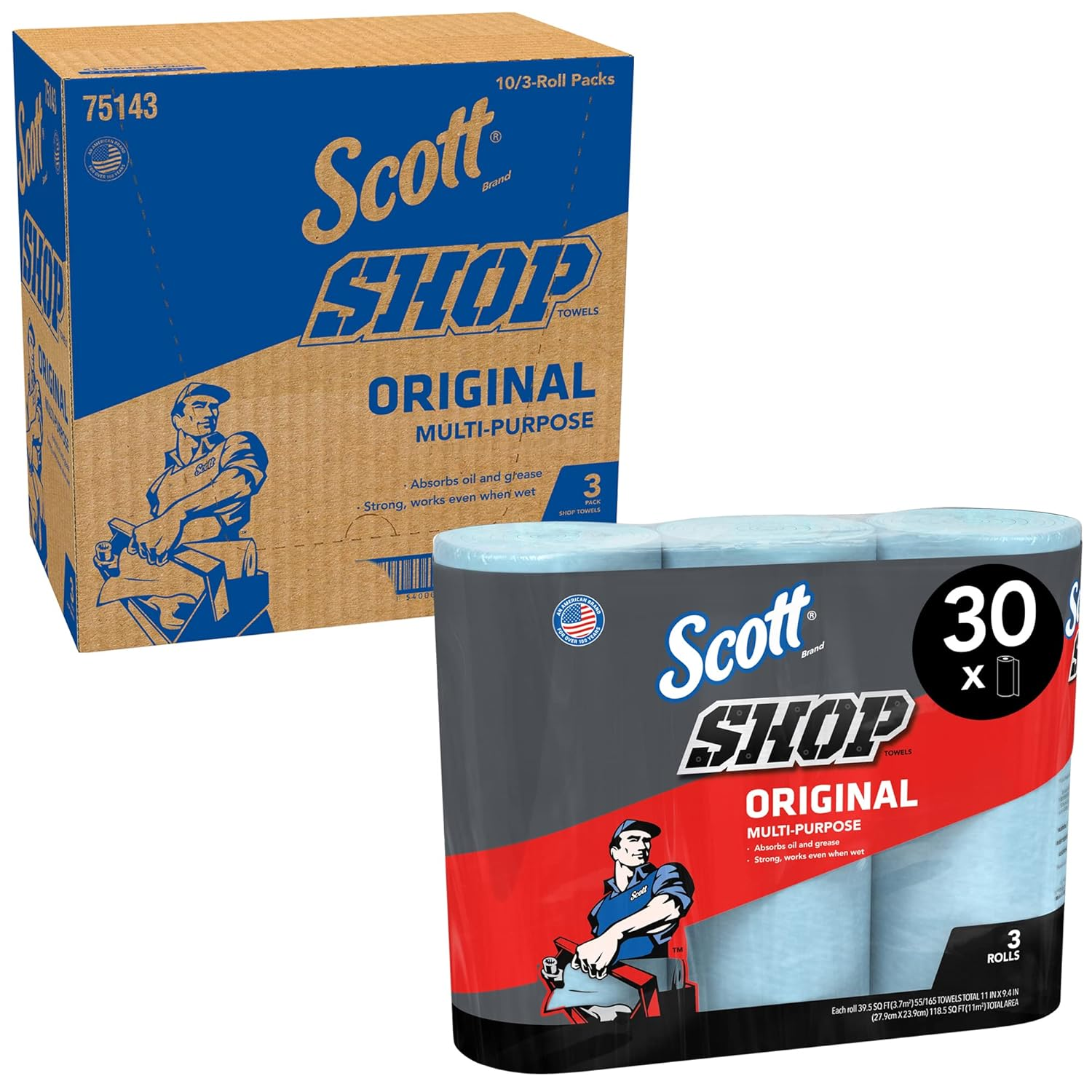 Scott Shop Towels Original (75143), Blue, 55 Towels/Standard Roll, 30 Rolls/Case (10 Bundles of 3 Rolls), 1,650 Towels/Case