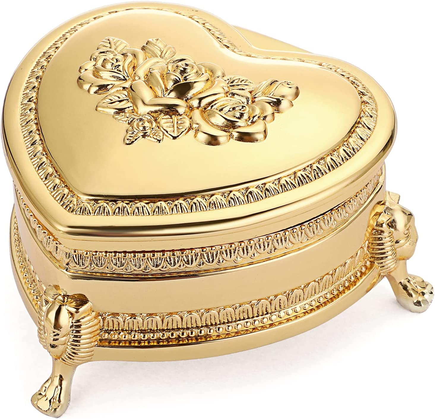 Vintage Metal Jewelry Box with Antique Flower Carved, Small Heart Shape Trinket Organizer Box Earrings Rings Necklace Bracelet Storage Holder, Keepsake Gift Box for Women