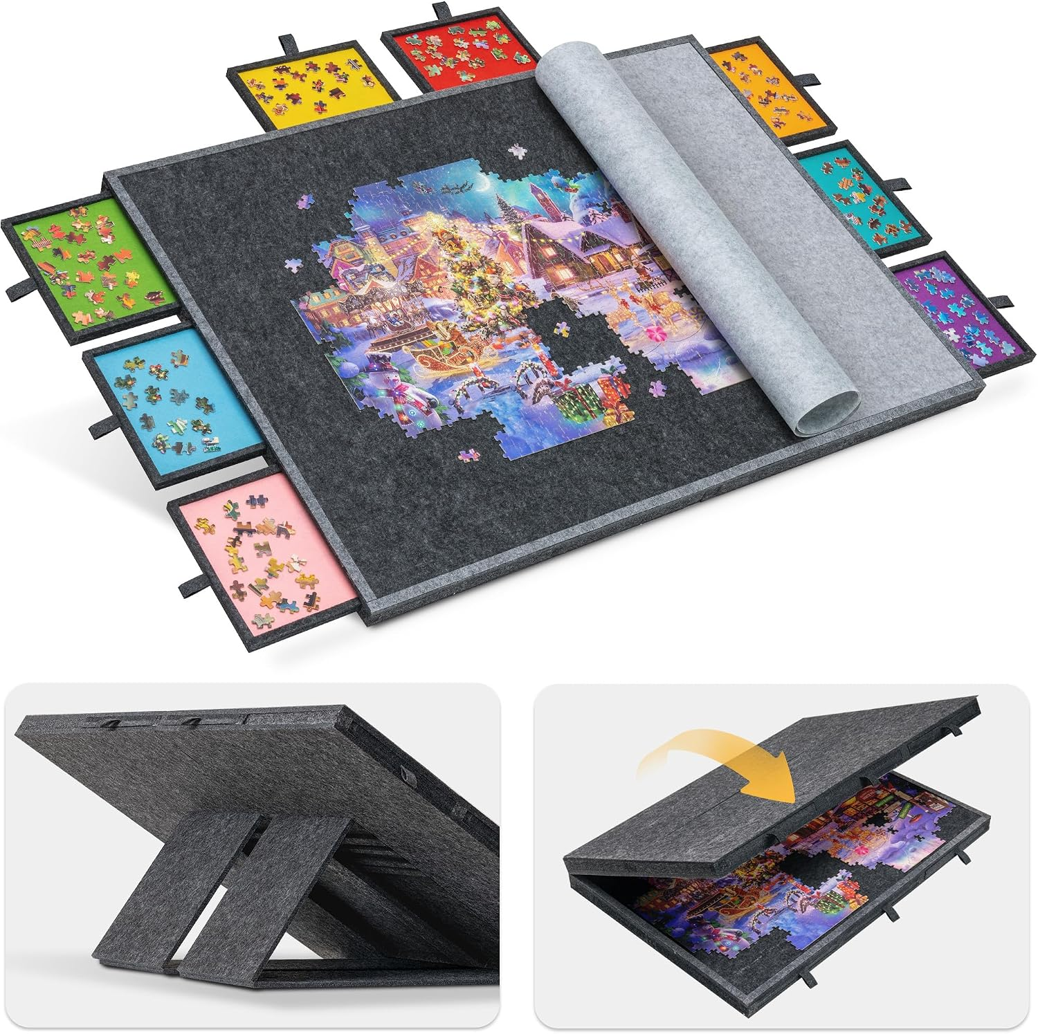 2000 Piece Jigsaw Puzzle Board with 8 Drawers & Cover, Foldable Jigsaw Puzzle Table with 4 Tilting Angle, Portable Lightweight Puzzle Table with Storage & Built-In Easel/Stand for Adults