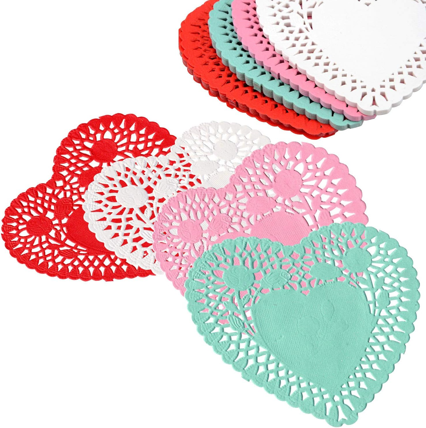8 Inch Heart Shaped Paper Doilies - Pack of 100, 25 Each in Red, Pink, White and Blue - 8 Heart Doilies Perfect for Valentine's Day Decorations.
