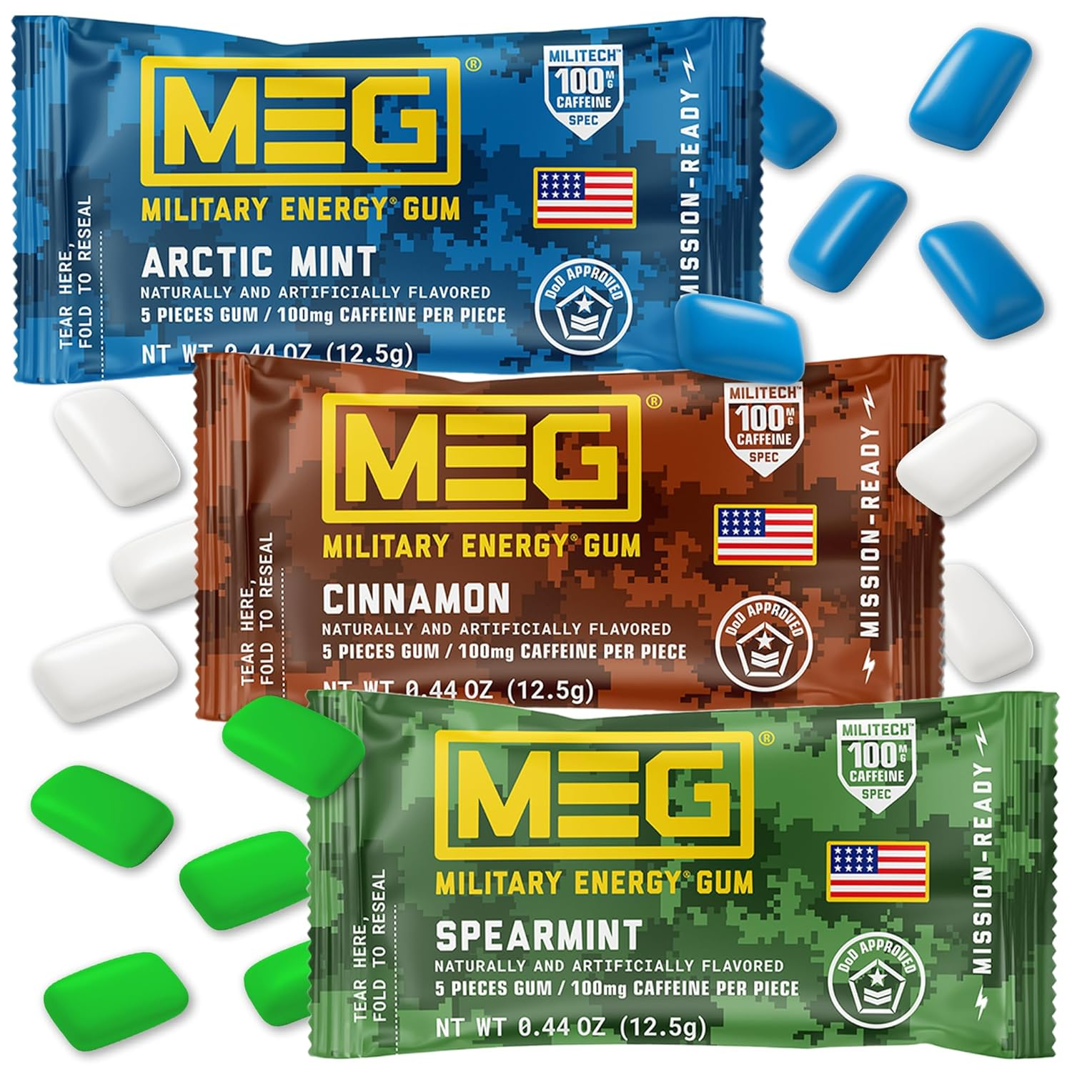 MEG - Military Energy Gum | 100Mg of Caffeine per Piece + Increase Energy + Boost Physical Performance + Multi Flavors of Arctic Mint, Spearmint, & Cinnamon + 3 Packs (15 Count)