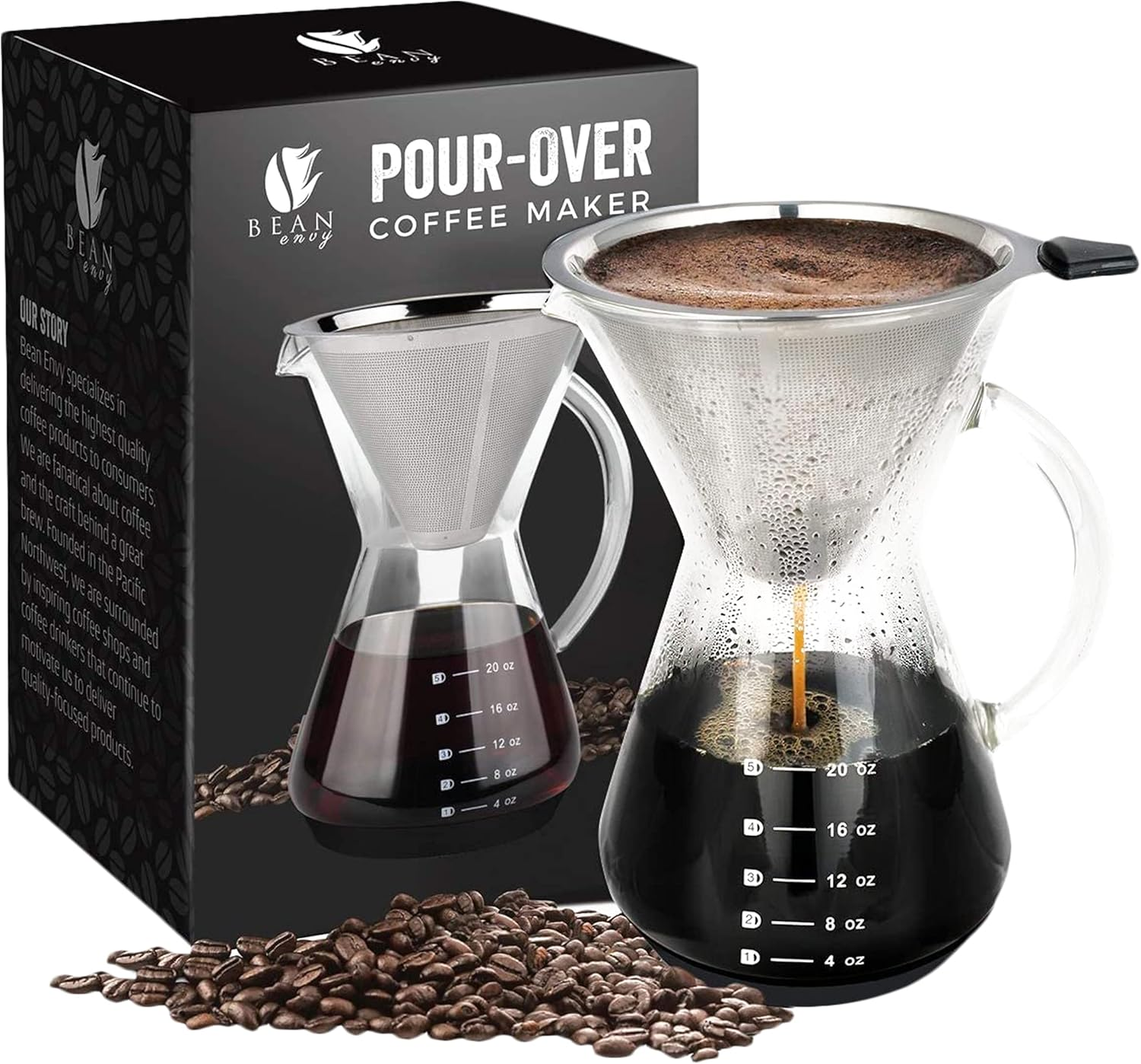 Bean Envy Pour over Coffee Maker - 5 Cup Borosilicate Glass Carafe - Rust Resistant Stainless Steel Paperless Filter/Dripper - Includes Custom Silicone Sleeve