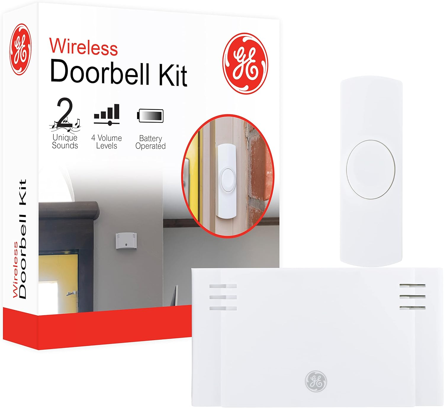 Wireless Doorbell Kit, 2 Melodies, 1 Push Buttons, 4 Volume Levels, 150 Ft. Ran, Mountable, White, 19247, Battery-Operated Receiver, 2 Each