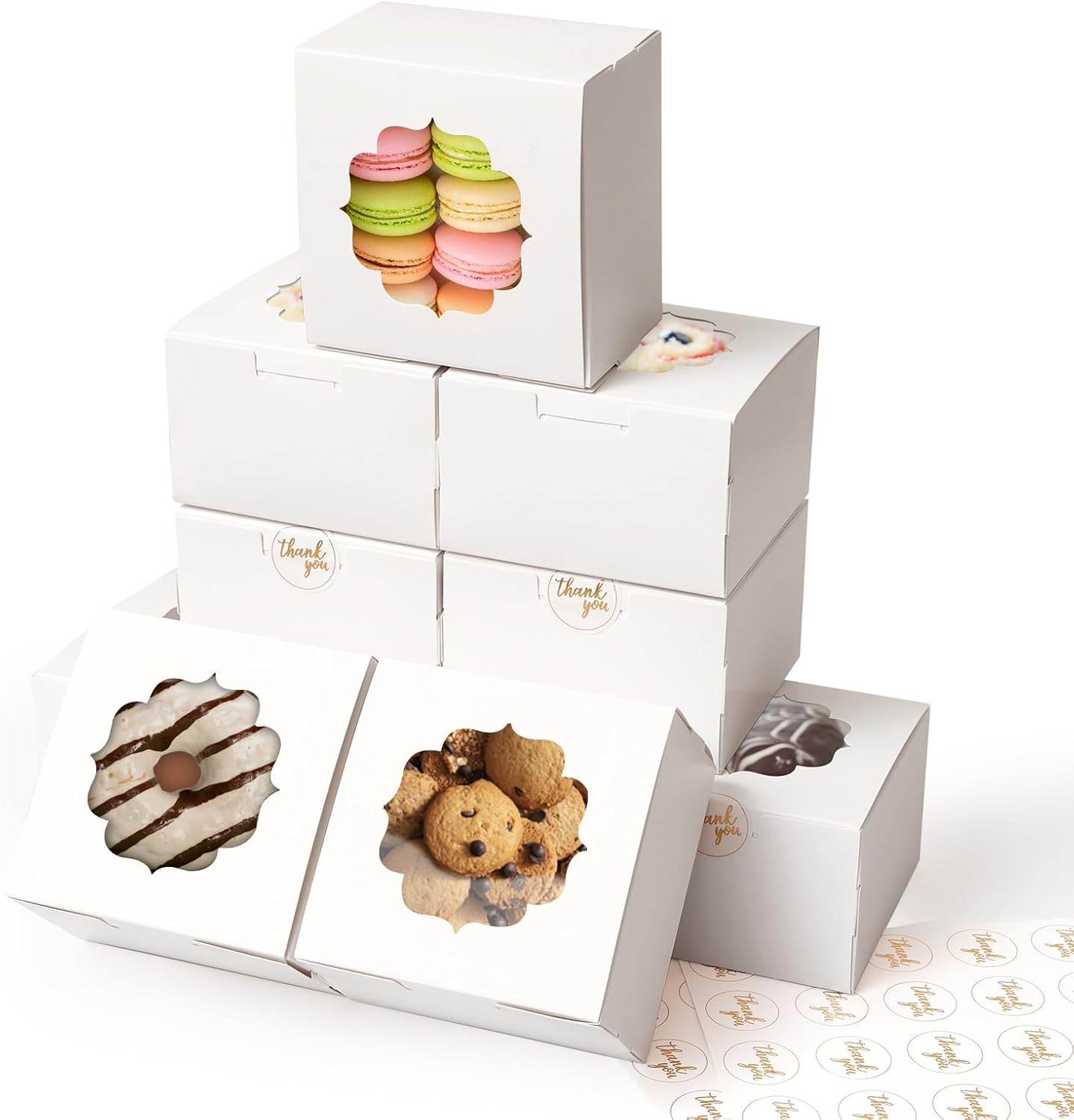 4-Inch Small Cookie Boxes 50 Pcs White - Bakery Treat Boxes with Window for Gifting, To-Go Containers for Cake Slice, Macarons, Donuts 4X4X2.5