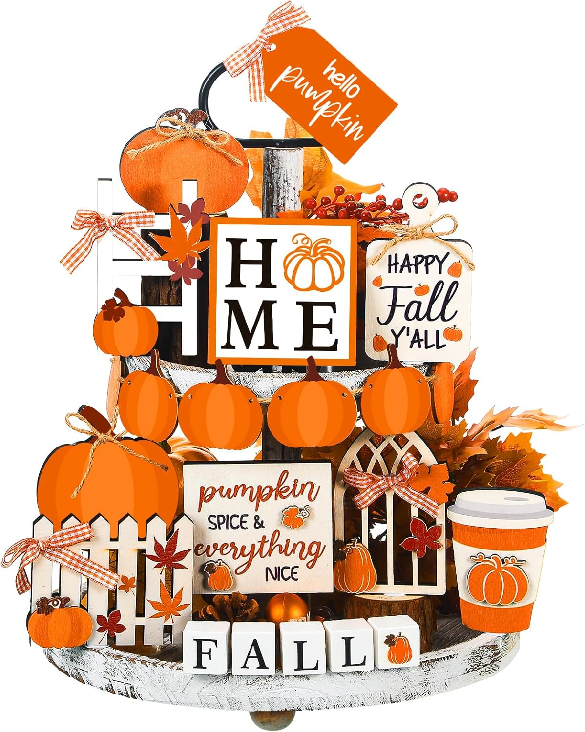 Set of 15 Thanksgiving Fall Tiered Tray Decor Pumpkins Farmhouse Decor Autumn Maple Leaf Table Centerpieces Harvest Wood Blocks Signs for Home(Cute Style)