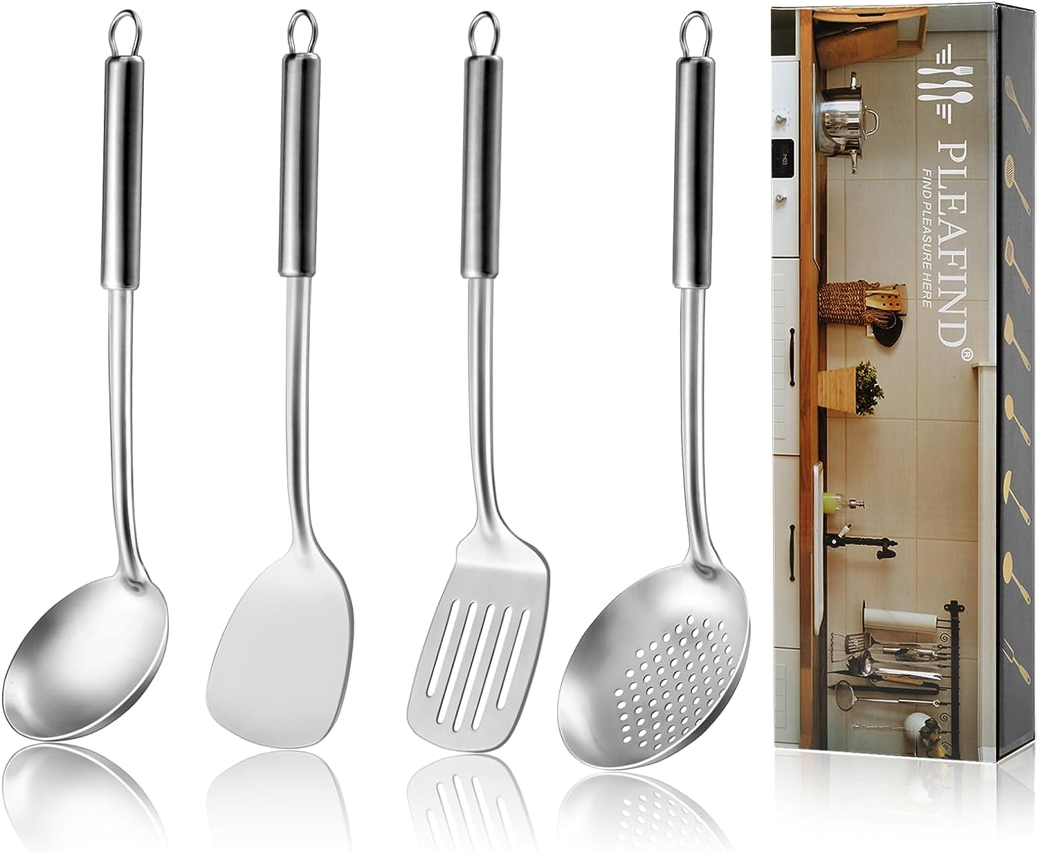 4-Pcs Cooking Utensils Set, Stainless Steel Kitchen Utensils, Wok Utensils Set Include Wok Ladle, Slotted Spoon, Wok Spatula and Slotted Spatula, Dishwasher Safe