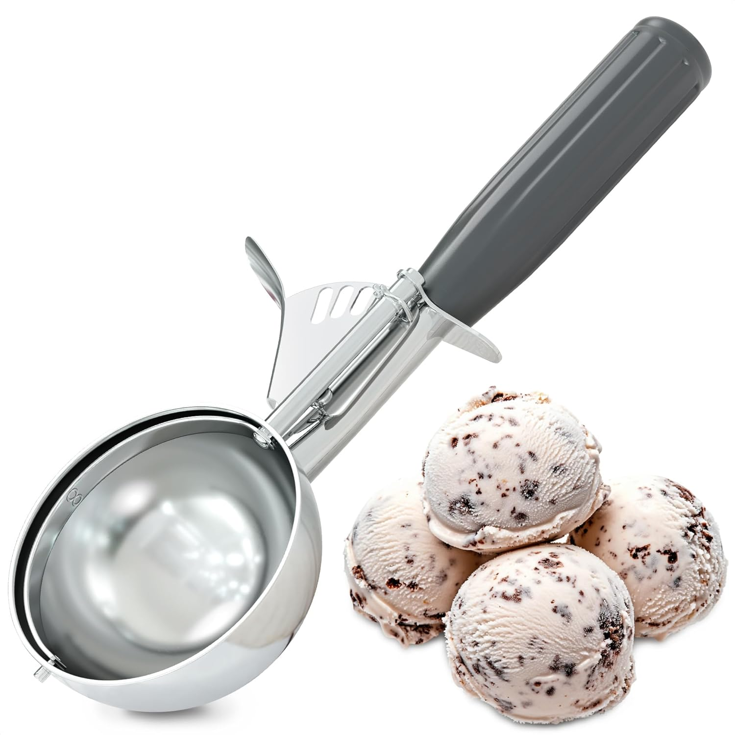 4 Oz Large Ice Cream Scoop with Trigger Release #8 - Stainless Steel Cookie Scoop for Baking, Ice Cream & Cookie Dough, Comfort Grip Handle, Easy Release, Dishwasher Safe, Great as Mothers Day Gifts