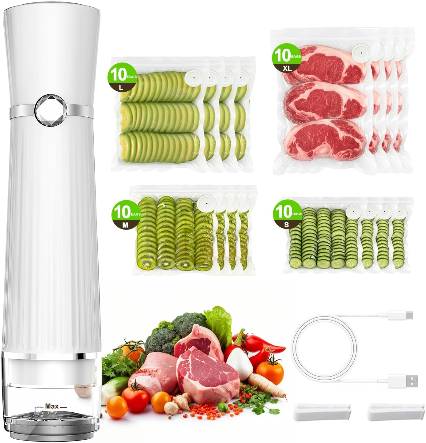 Vacuum Sealer for Food (Compact Vacuum Sealer Machine + 40 Reusable Vacuum Bags), Handheld Vacuum Food Saver for 10X Preservation & Fresh, Powerful 80Kpa Portable Vacuum Sealer