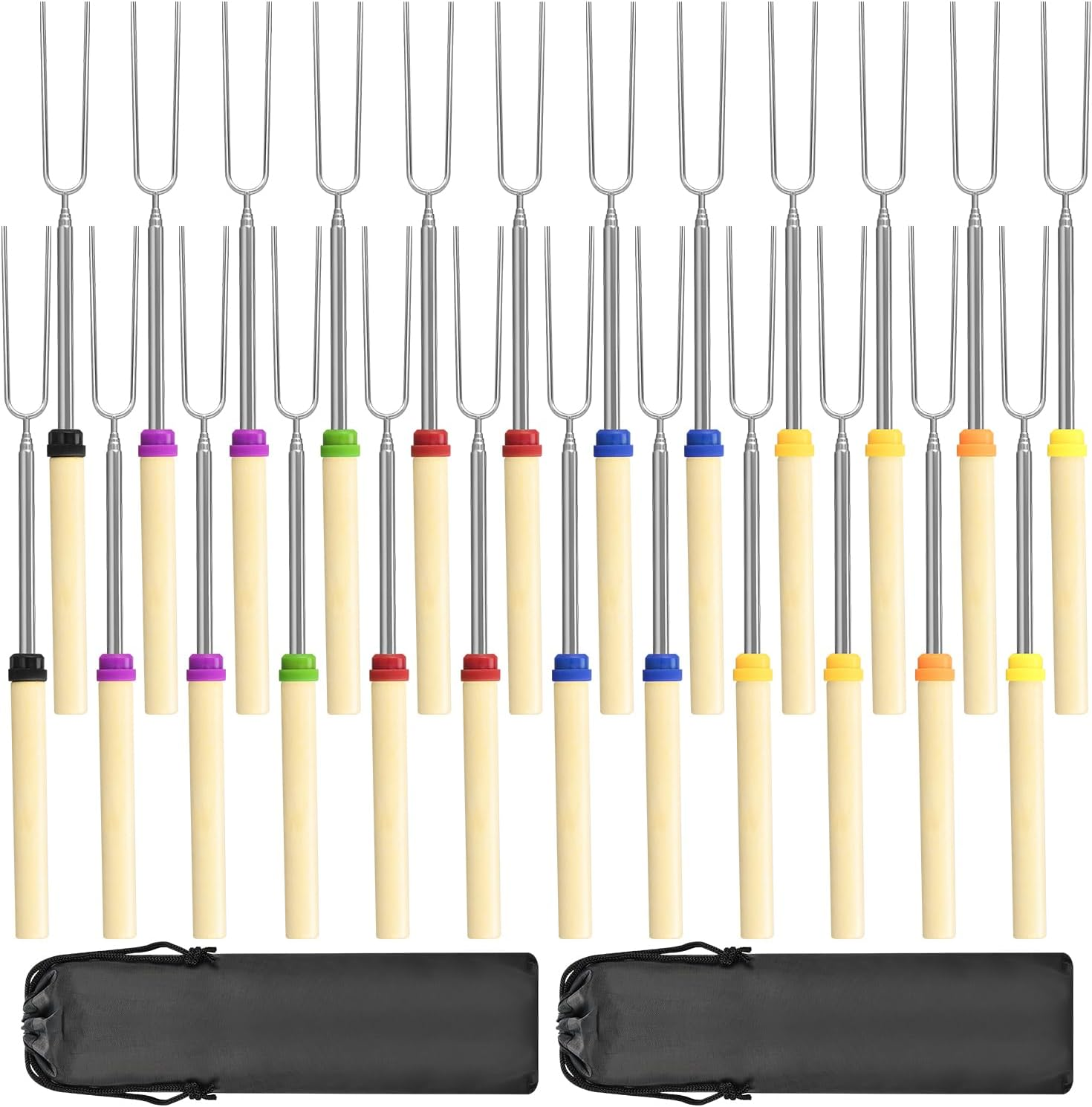 24 Pack Marshmallow Roasting Sticks Set, Extendable 32In Long Metal Barbecue Skewers with Wooden Handle, for Marshmallow, Hot Dogs, Camping, BBQ, Grill(24 Pack)