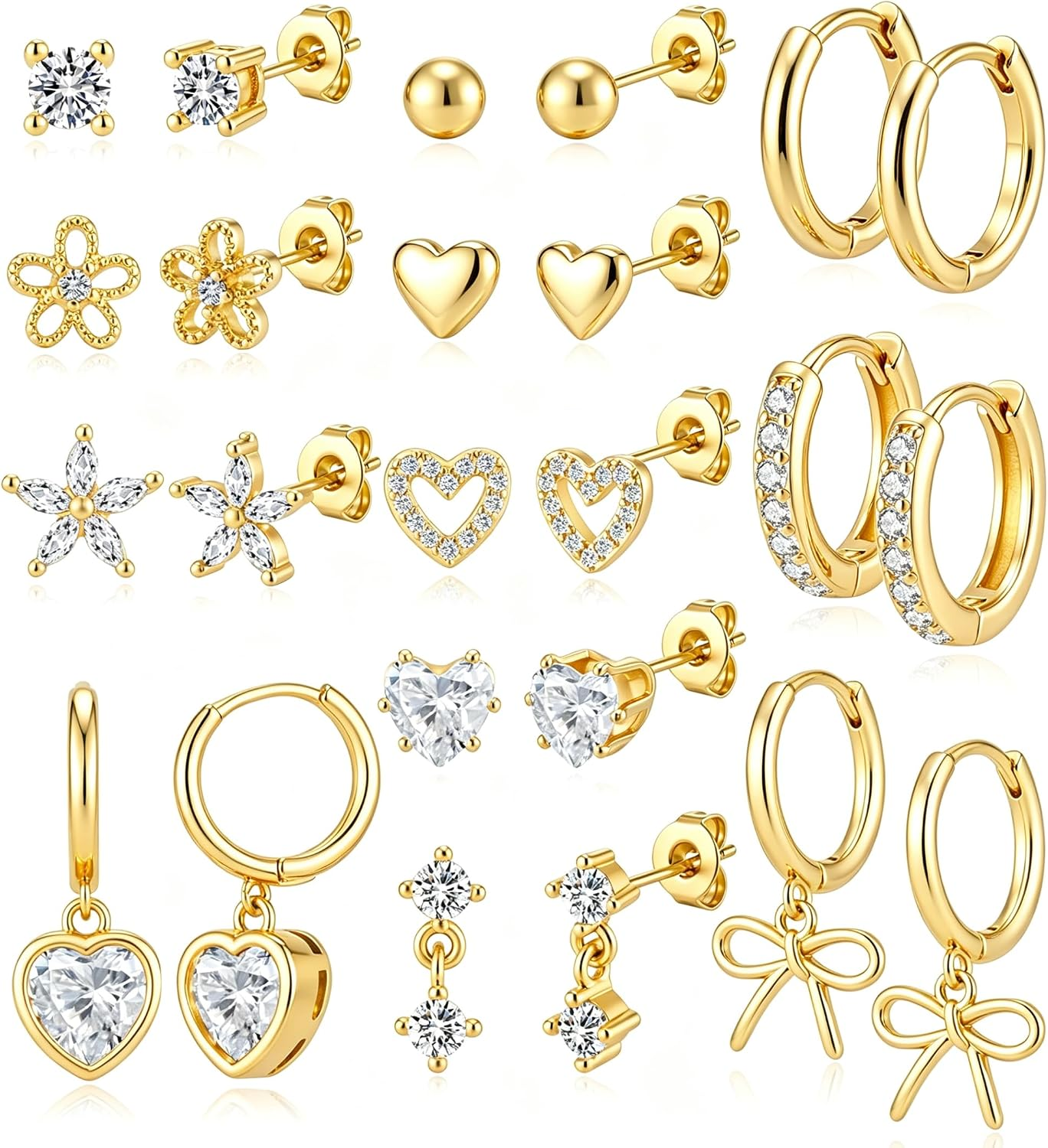 12 Pairs Small Stud Hoop Earrings Set for Women - 14K Gold Plated Huggie Hoops Hypoallergenic Earring Cute Dainty Flower Heart Stud Earrings for Jewelry Gift