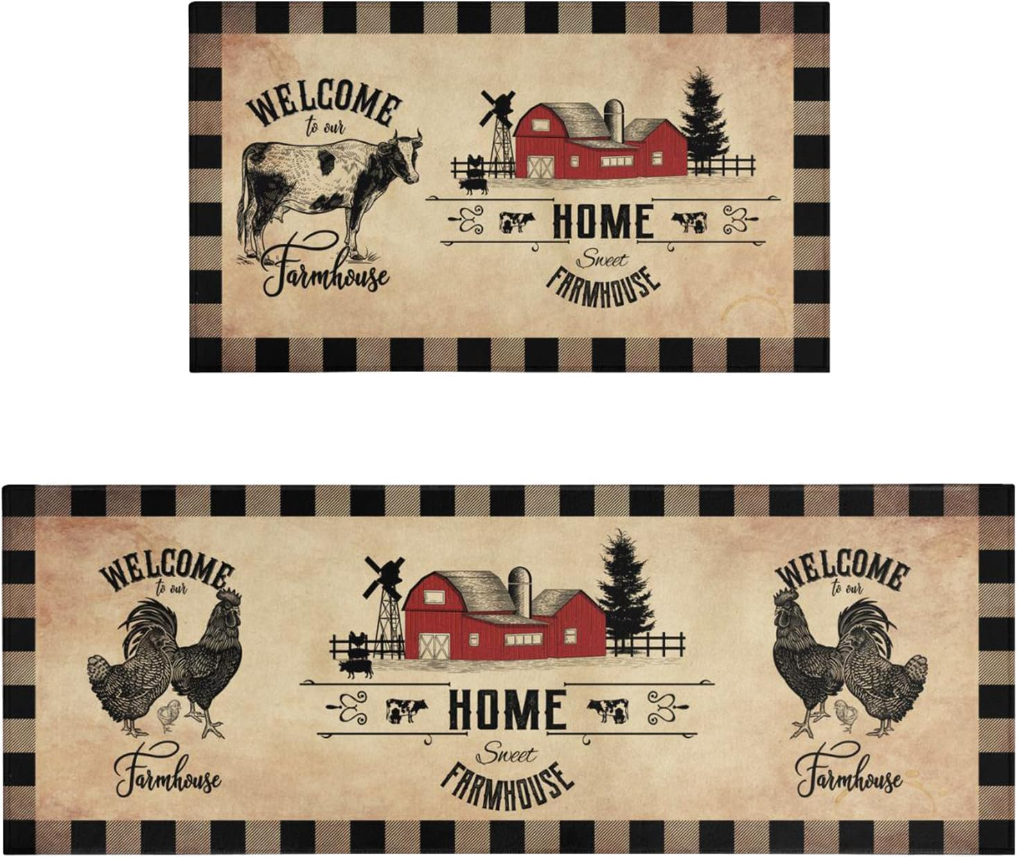 Farmhouse Kitchen Rugs Sets of 2 Decor Brown Country Rustic Cow Rooster Kitchen Rug Non-Slip Washable Farmhouse Kitchen Mats for Floor