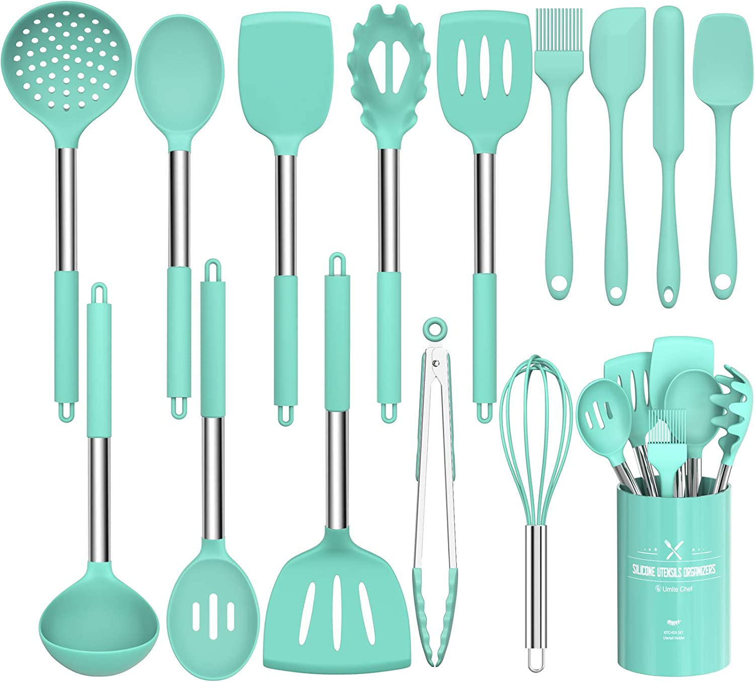 Silicone Cooking Utensil Set,  15Pcs Silicone Cooking Kitchen Utensils Set, Non-Stick - Best Kitchen Cookware with Stainless Steel Handle - Green