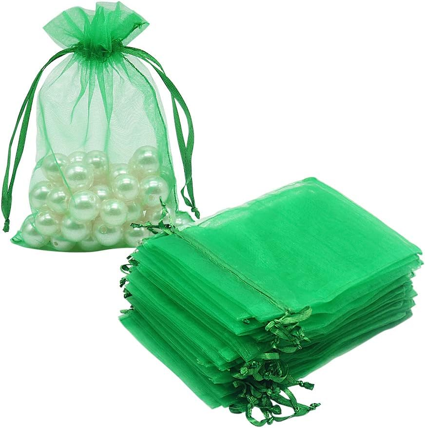 100pcs Organza Drawstring Bags Green, 4 x 6 inch Candy Mesh Gift Bags Jewelry Pouches Small Christmas Sachet