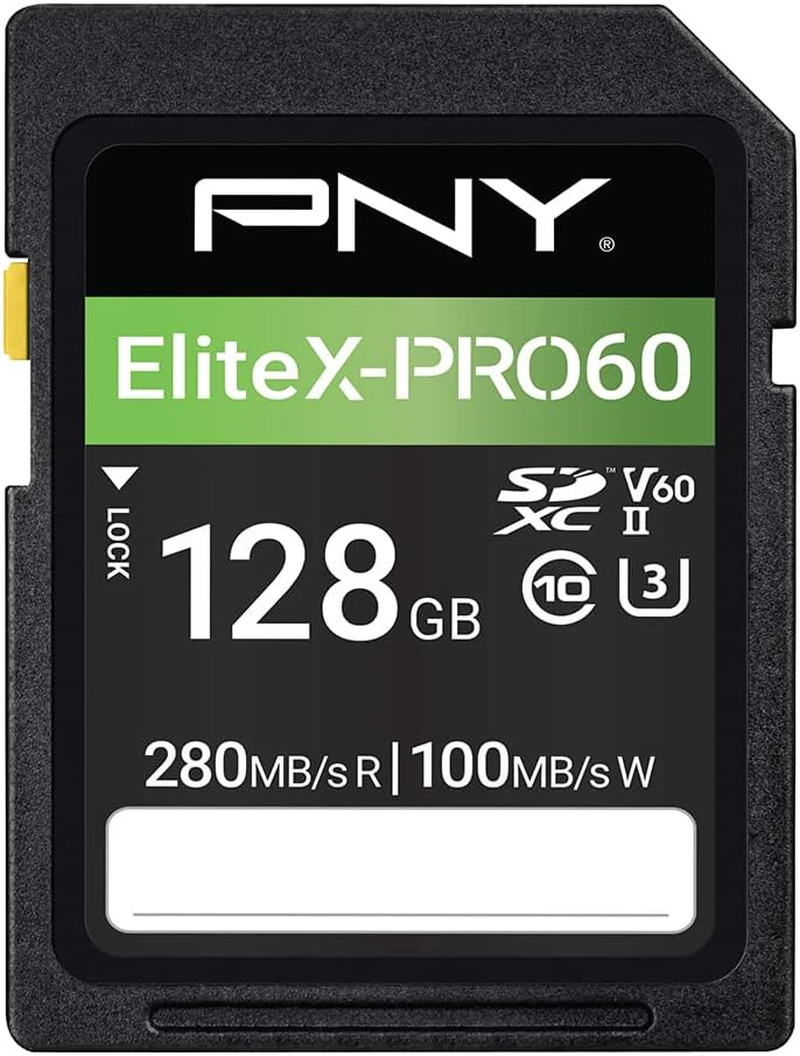 PNY 128GB Elitex-Pro60 UHS-II SDXC Memory Card - R280Mb/S W100Mb/S, U3, V60, 4K UHD, Full HD, UHS-II for Professional Photographers & Content Creators, DSLR Mirrorless Cameras, Advanced Video Cameras