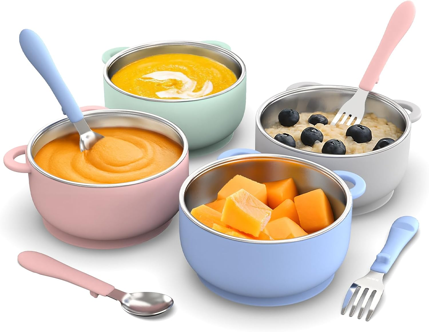 Toddler Feeding Suction Bowls and Utensils Set, 2-In-1 Stainless Steel 304 Kids Bowl & Silicone Suction Baby Bowl with Spoons and Forks, First Self-Feeding Training Set, Sunrise Meadow