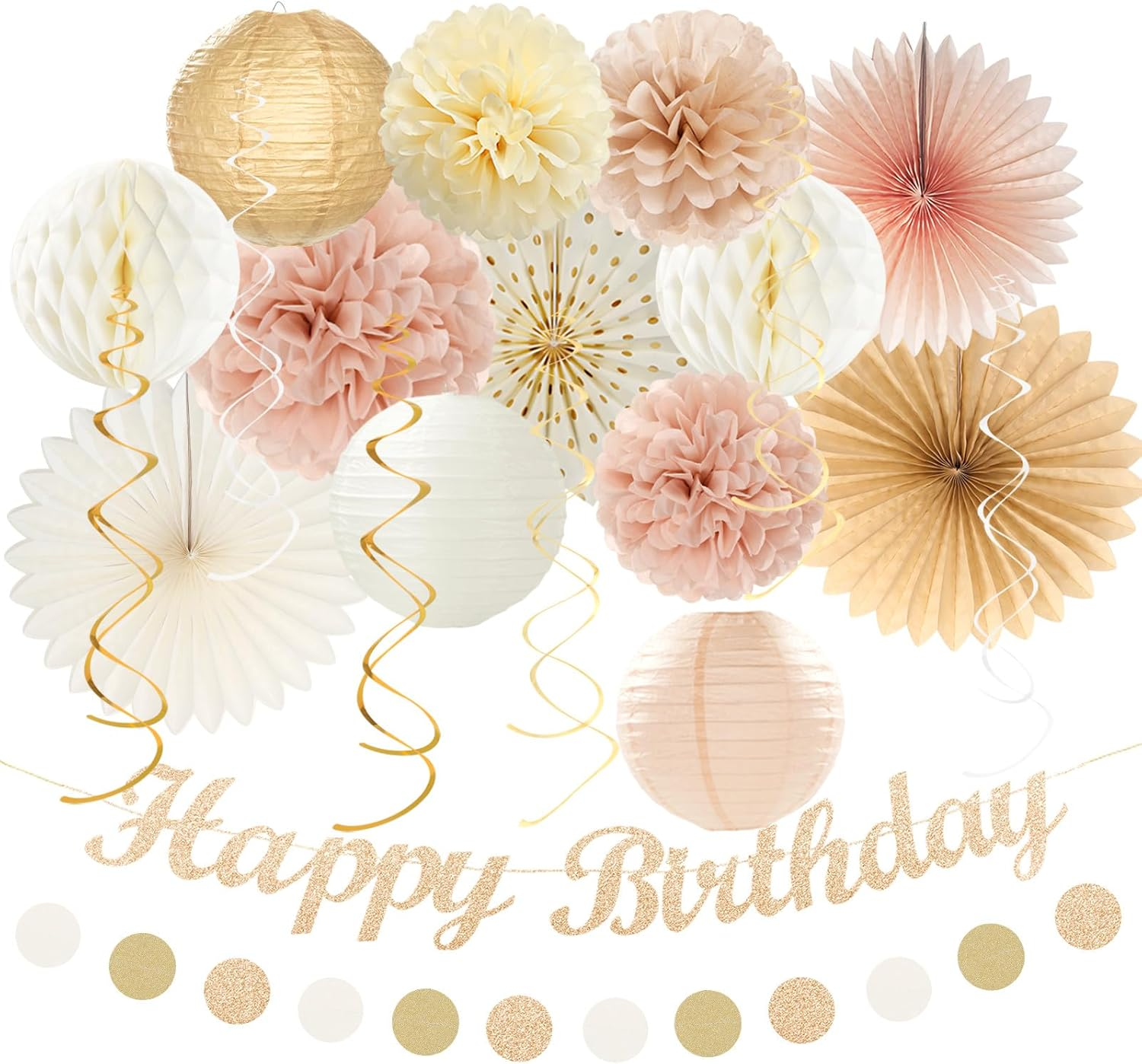 Champagne-Gold Beige Fall Boho Birthday Party-Decorations - 21Pcs Autumn Neutral Retro Happy Banner,Girl One Sweet Peach Paper Streamers Lanterns,Tissue Pom Poms Fan,Rustic Backdrop Decor