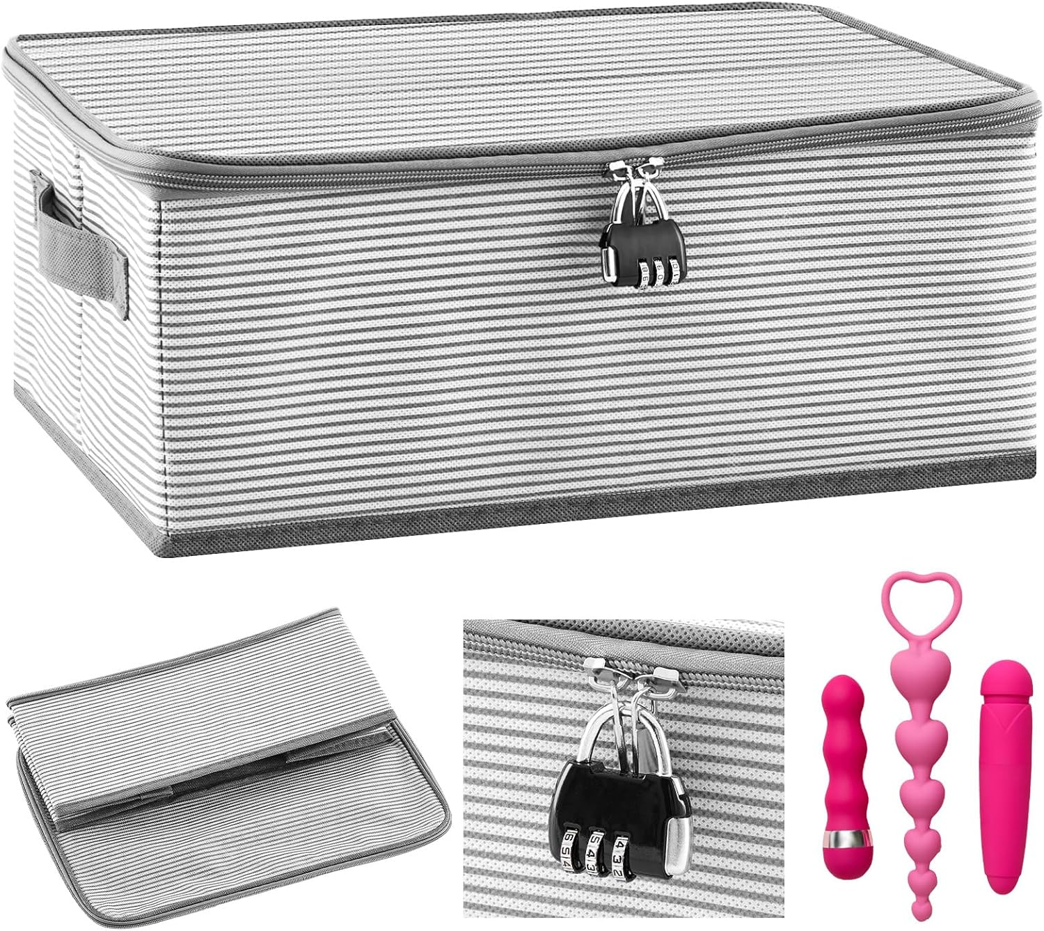 Discreet Lockable Toy Bag Storage Organizer Toy Bag Storage Bins Case with Zipper Lid 15 X 10 X 5.9 Inches for Women and Men Clothes Container(Gray Stripes)