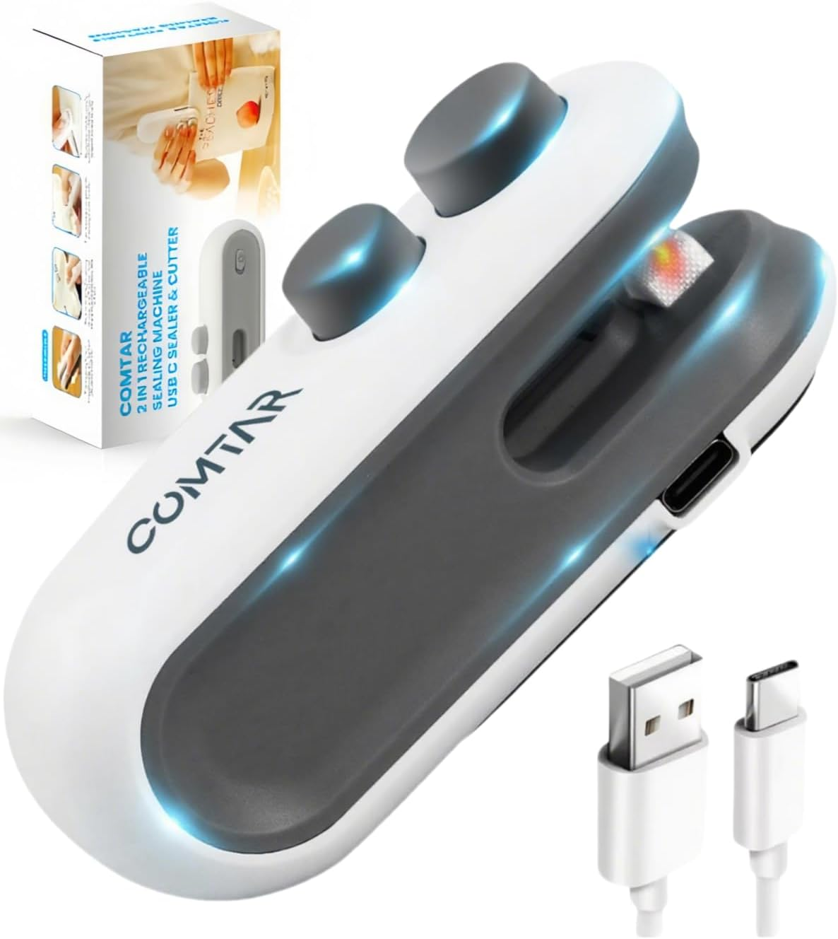 Selladora de vacio 2 en 1 recargable blanca 2.0 con cortador iman bolsas snacks