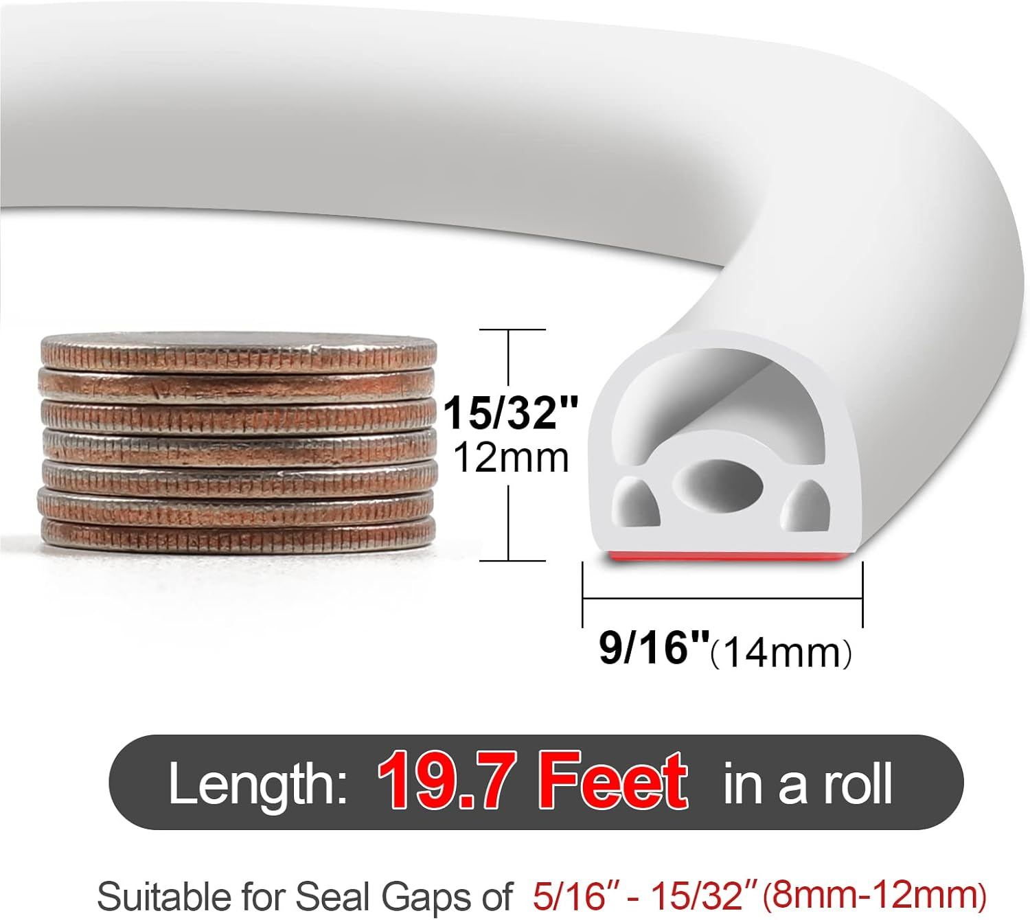 19.7 Ft Silicone Door Weather Stripping Door Seal Strip for Doors & Windows Multi-Layer Soundproof Chamber Design, Self-Adhesive, Seal Large Gaps, Easy to Cut & Install