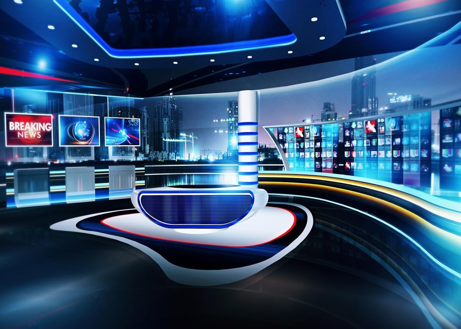 7X5Ft Fabric News Broadcast Backdrop Virtual TV Studio Photography Breaking Media Monitor Equipment Microphone Reporter Interview Stage Video Recording Photocall Background Prop