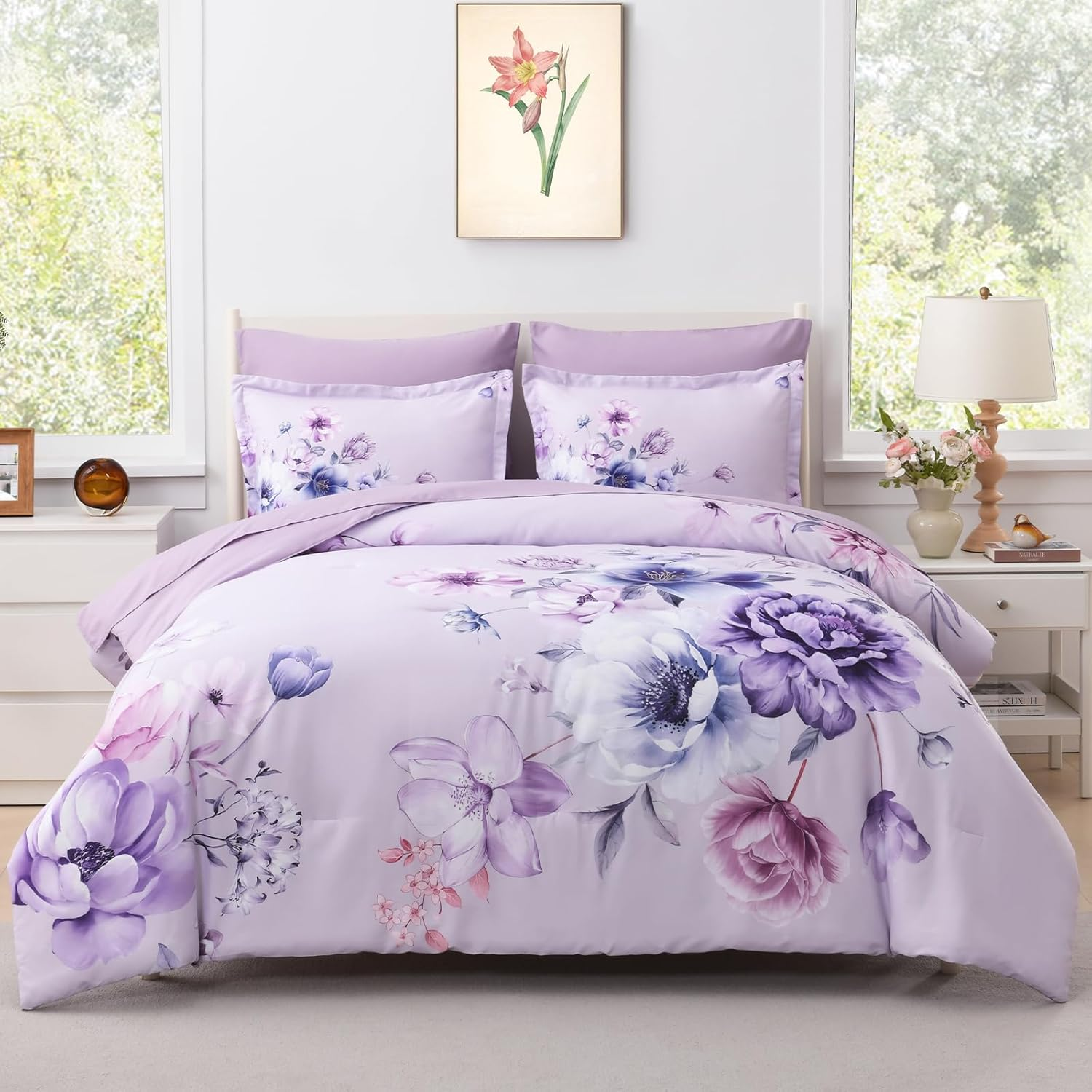 Floral Comforters Queen Size 7Pcs Botanical Purple Flower Bed In A Bag Ulter Sof