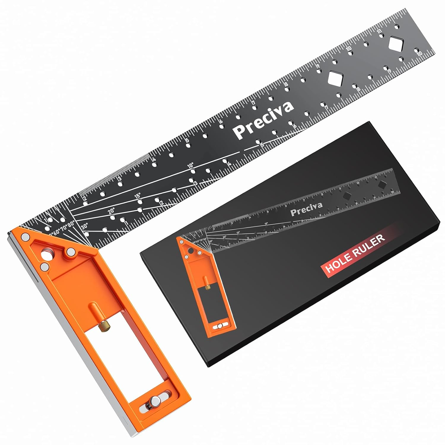 12” Woodworking Square Ruler - Right Angle Ruler Carpenter Square Layout Tool, Features Stainless Steel Blade, Retractable Ledge, 1/16” and 1/32” Notch Spacing and Multi-Angle Scribe Mark