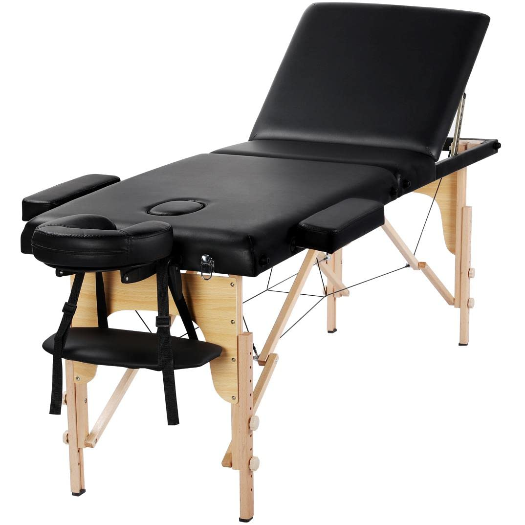 Massage Table Portable Adjustable Massage Bed Foldable Massage Therapy Table 3 Folding 84 Inch Salon Bed Facial Bed with Non-Woven Bag, Black