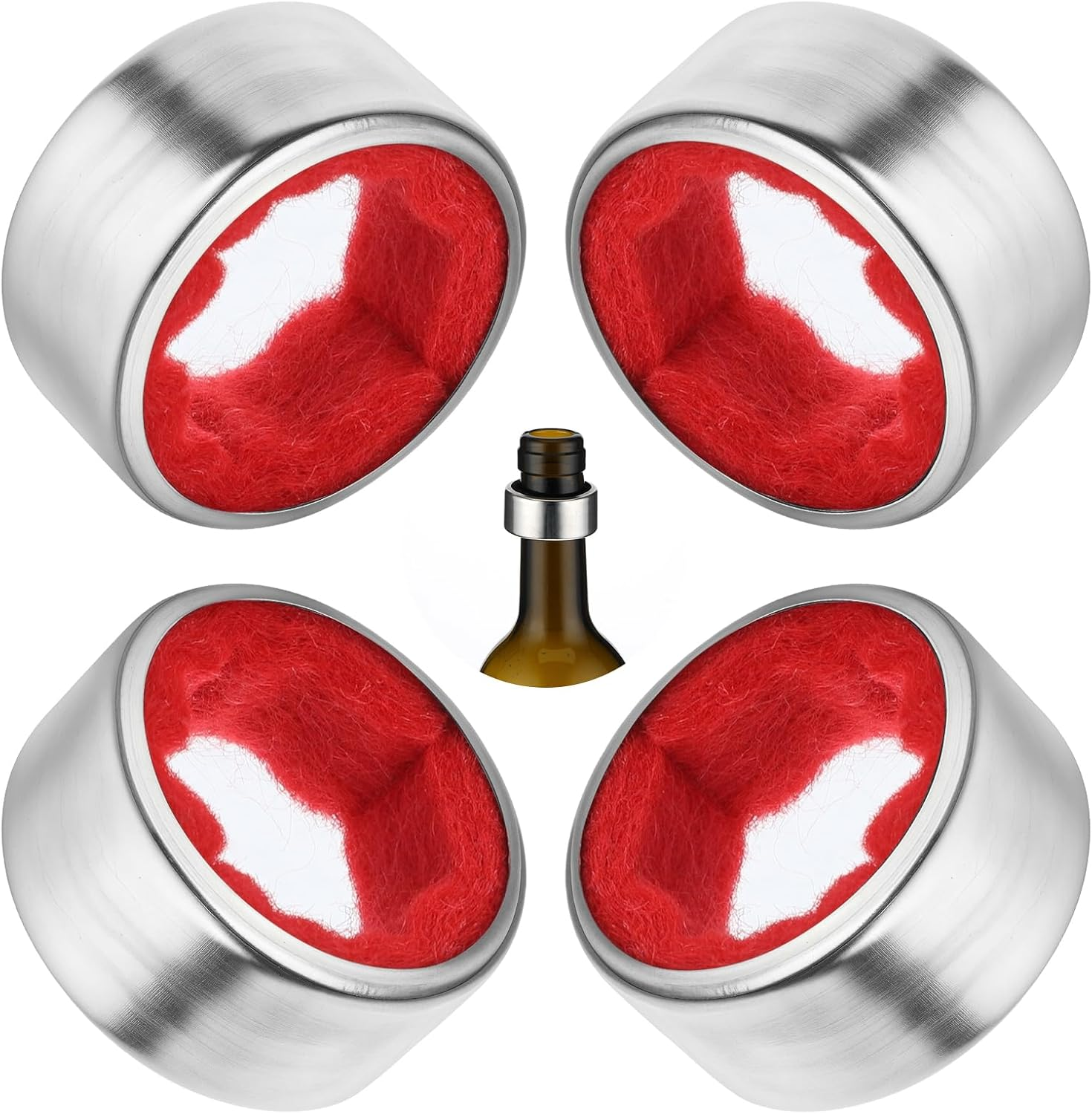 4Pcs Stainless Steel Wine Drip Collars, Wine Drop Ring Catcher with Detachable Felt Liner Wine Bottle Top Drip Rings Leakproof Ring Drip Stoppers Small Wine Accessories for Kitchen and Bar
