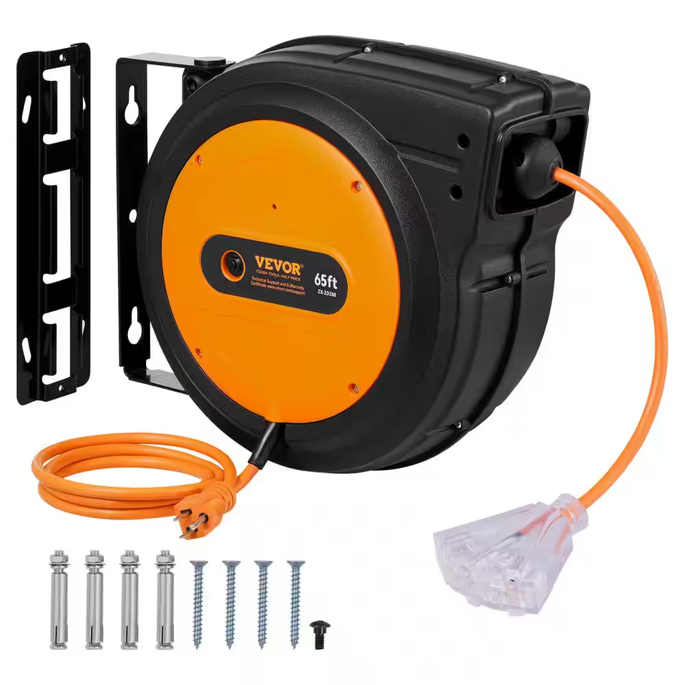65 Ft. 12/3 15 Amp Retractable Extension Cord Reel with Triple Tap Outlet for Ceiling or Wall Mount 2025 Update