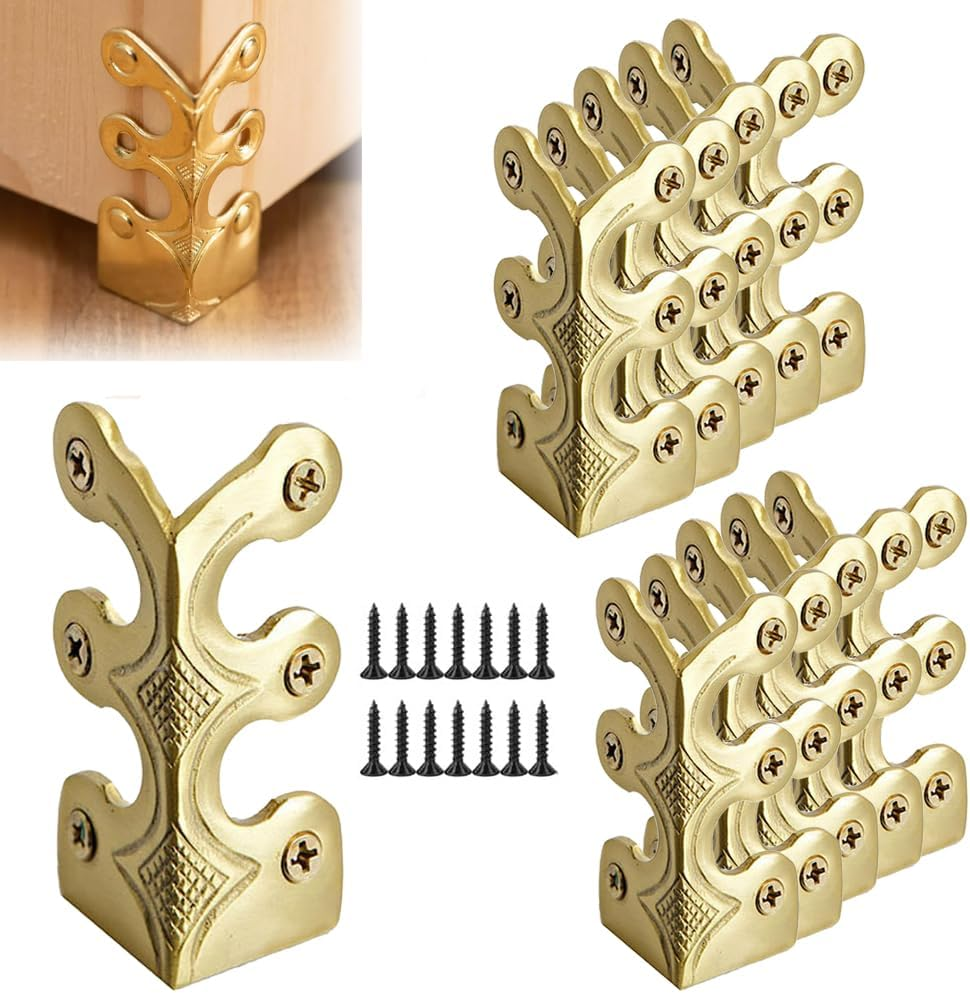 10 pcs Solid Brass Baseboard Corner Protectors, Skirting Board Corner Protectors, Vintage Metal Corner Protector Table Corner Edge Cover Safety Bracket with Screws (10, Gold)