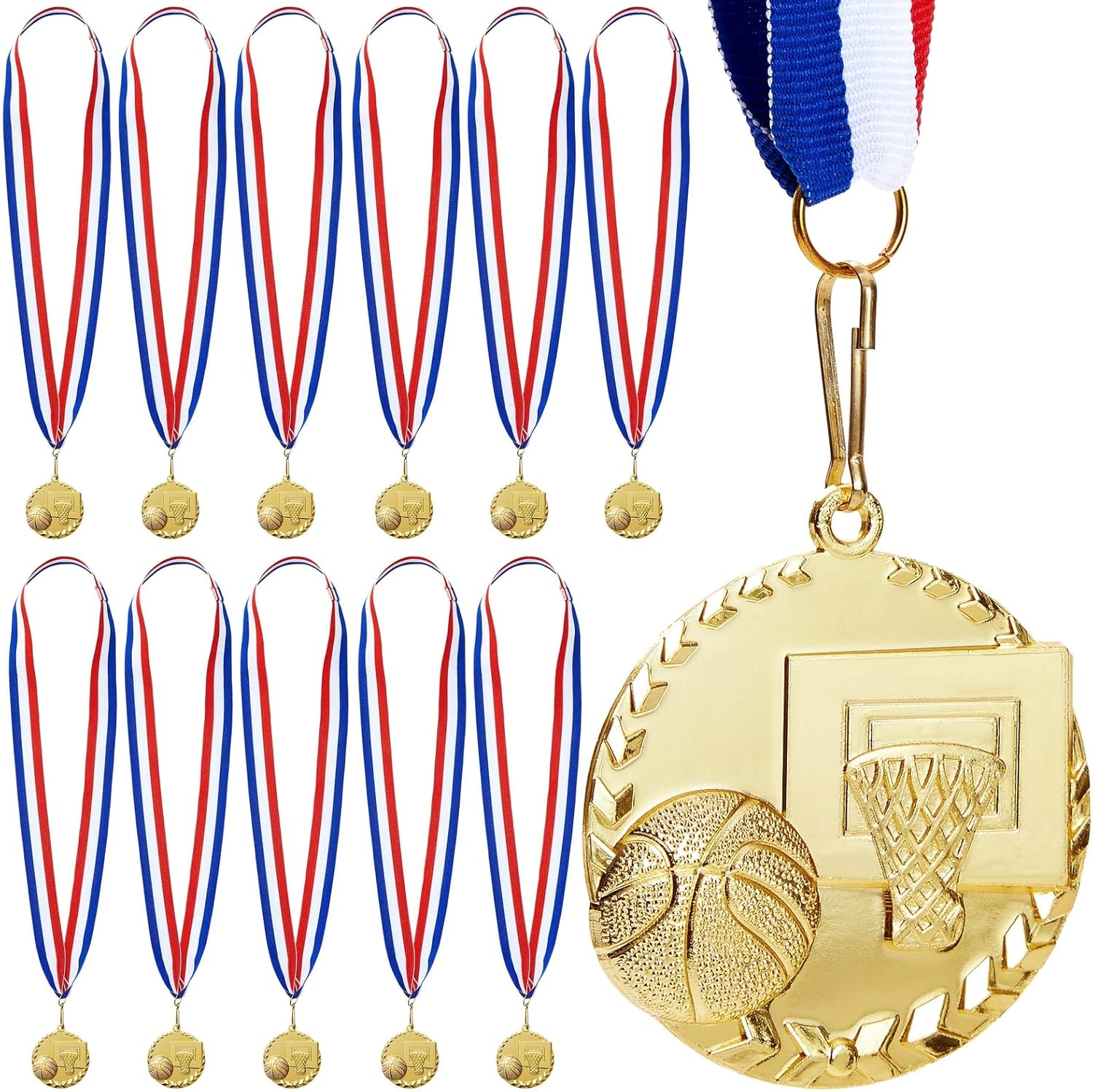 12 Pack Award Medals for  - Team Participation Trophies with Red, White, and Blue Striped Ribbon, Sports Themed Party Favors (2 In, Metal, Gold)