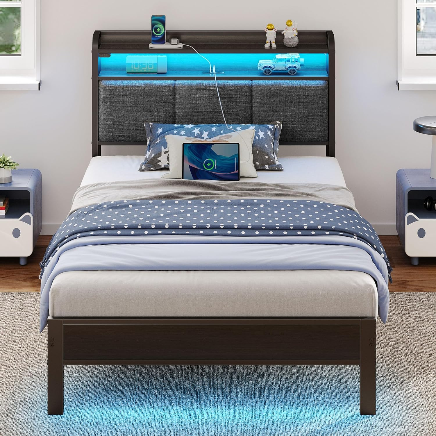 Bed Frame Twin Size with Charging Station and LED Lights, Upholstered Headboard with Storage Shelves, Heavy Duty Metal Slats, No Box Spring Need, Noise Free, Easy Assembly, Dark Grey