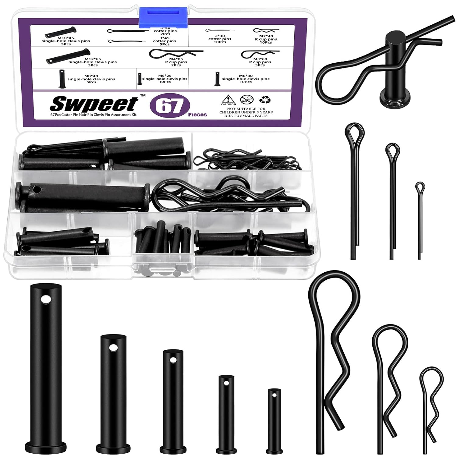 Swpeet 67Pcs 5 Sizes Clevis Pins with Cotter Pin Assortment Kit, Single Hole Flat Head Clevis Pins, R Pins, Hairpin, Cotter Pin, Split Pins Fitting Hole Location Pin Clips Fastener